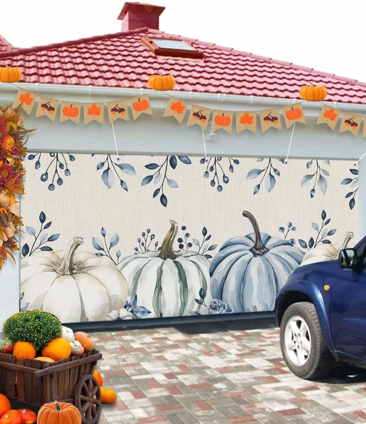 Fall Garage Door Banner 7x8 ft Blue Pumpkin Eucalyptus Leaf