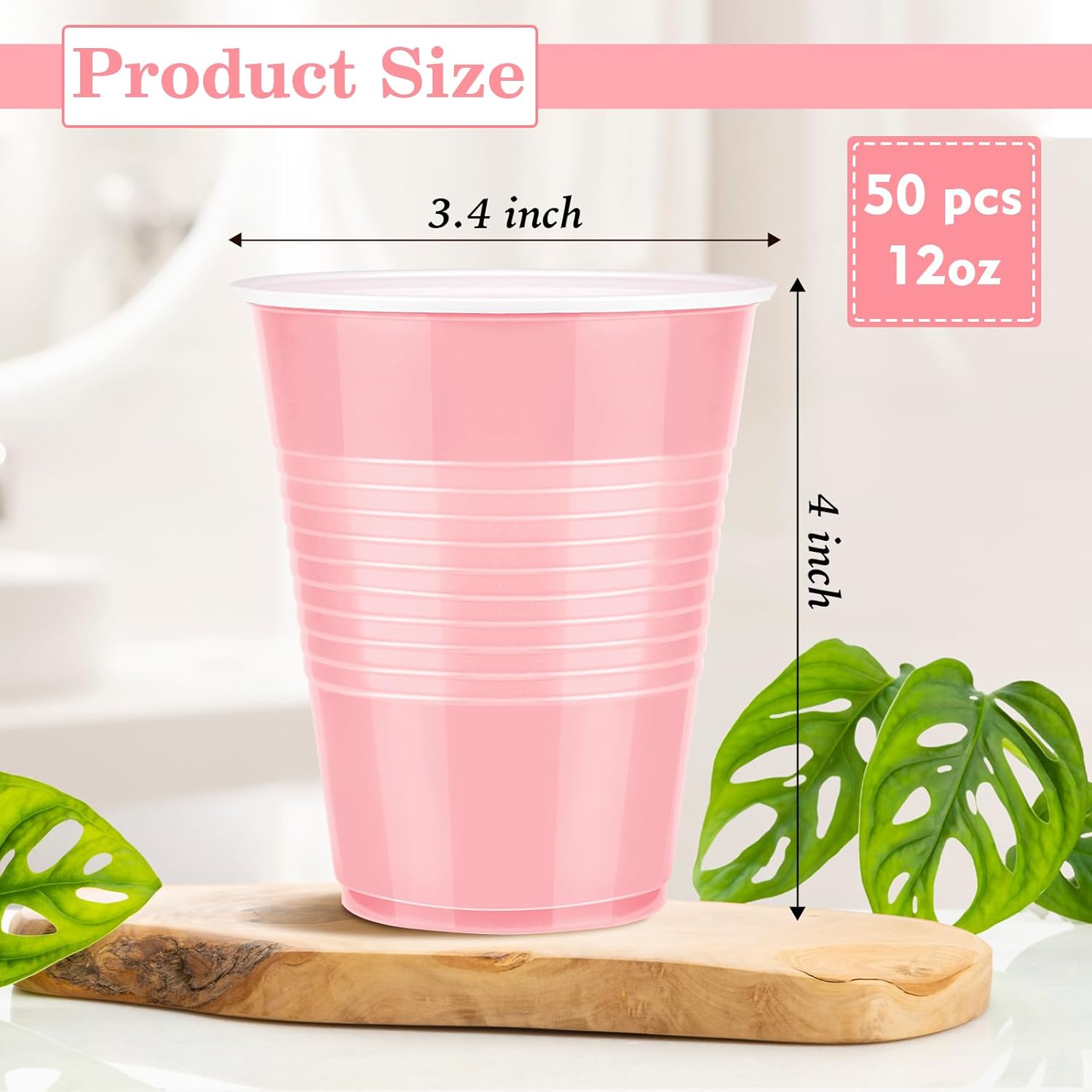 50 Pack Pink Plastic Cups 12 Ounce Disposable Party Cups