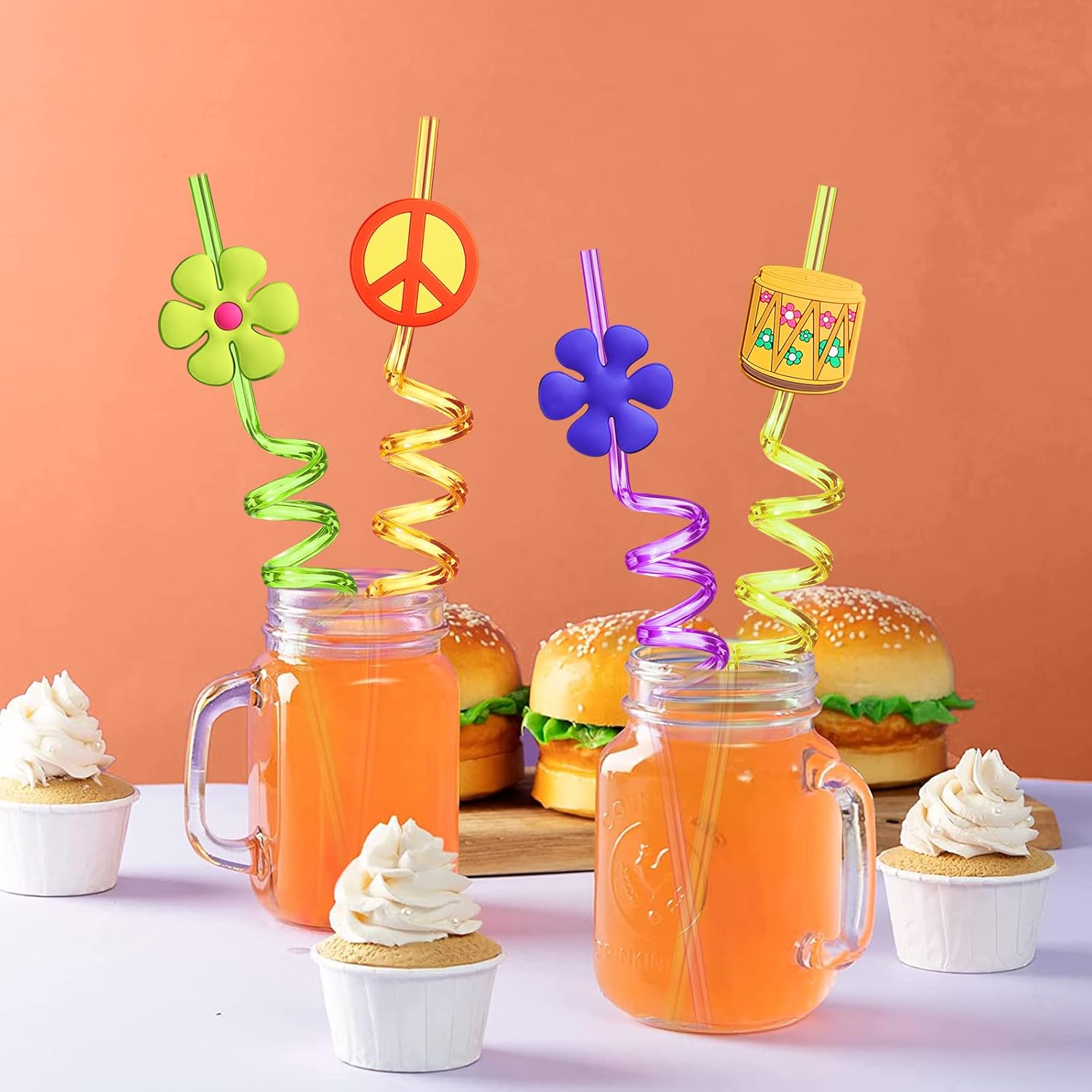 24 Piece 60s Hippie Party Straws with Tie Dye Design