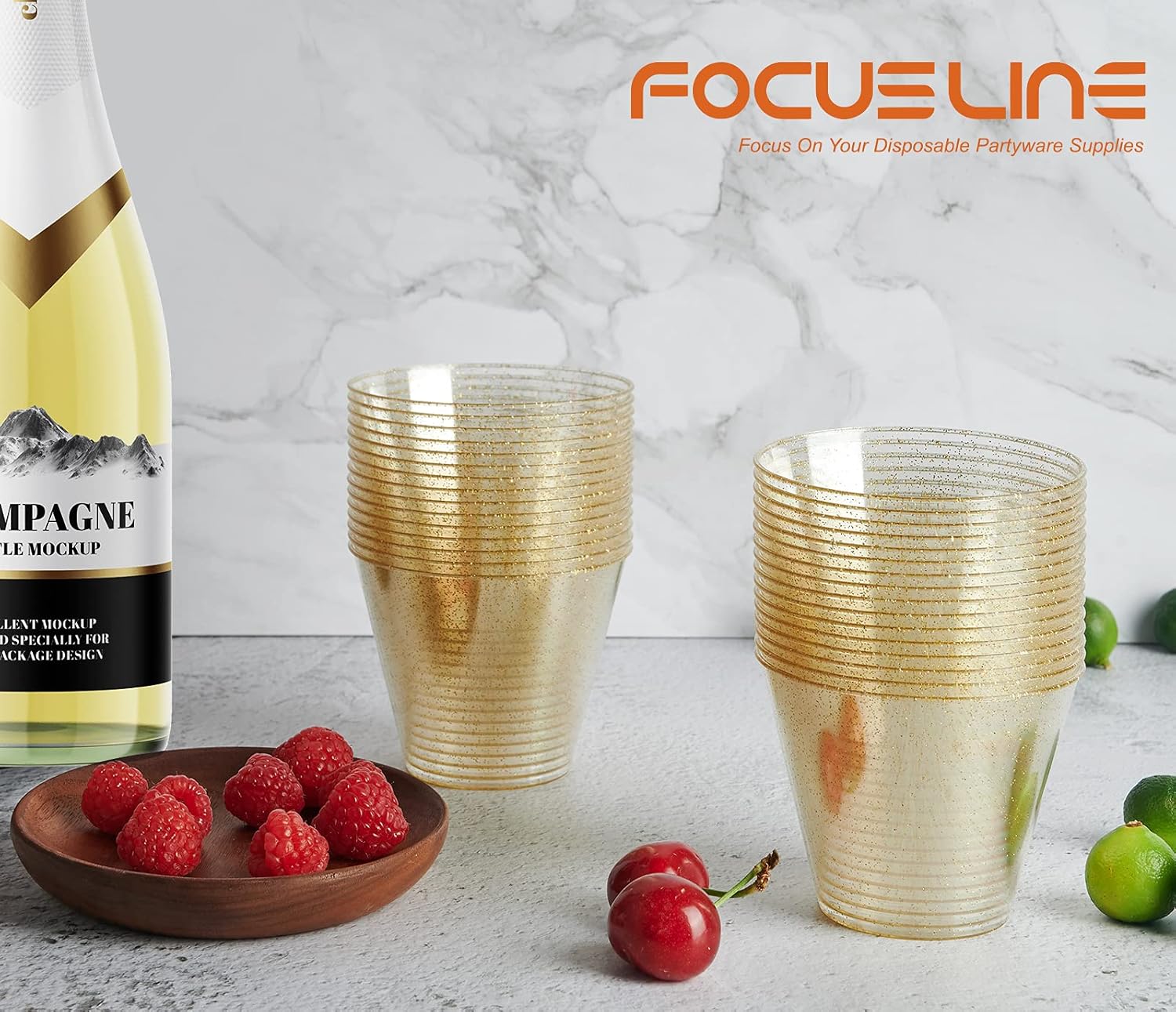 FOCUSLINE 9 oz Gold Glitter Plastic Cups 100 Count