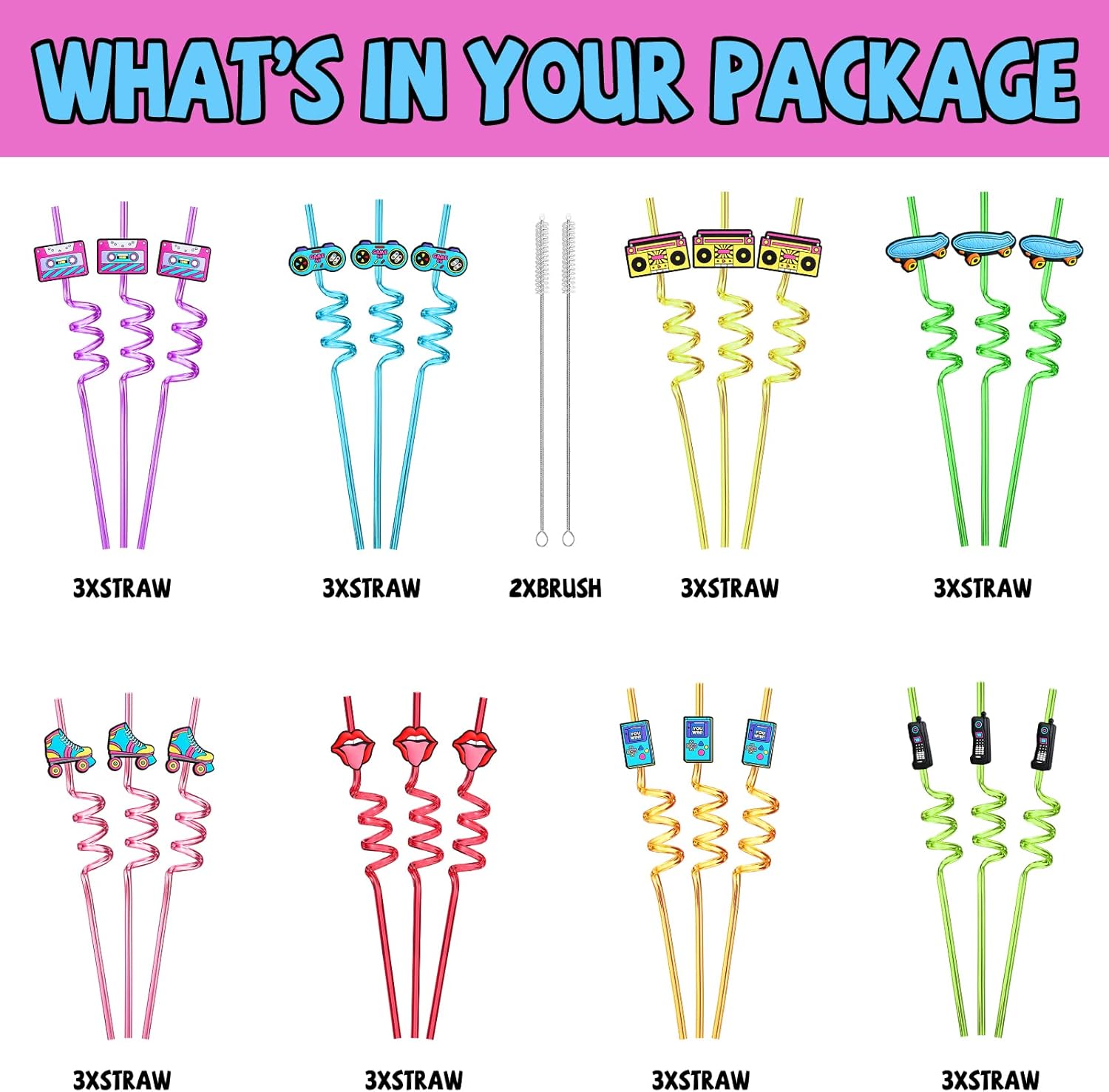 24 Retro 90s Party Straws with Cleaning Brush