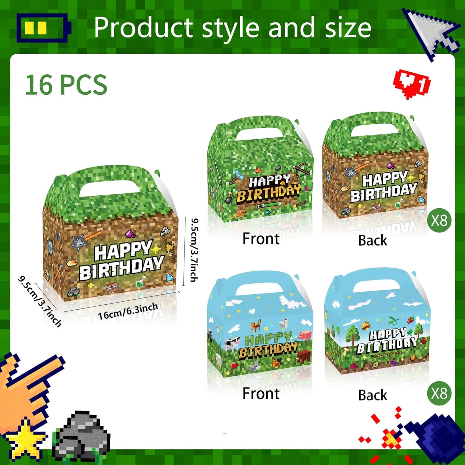16 Piece Pixel Style Goodie Boxes for Birthday Parties