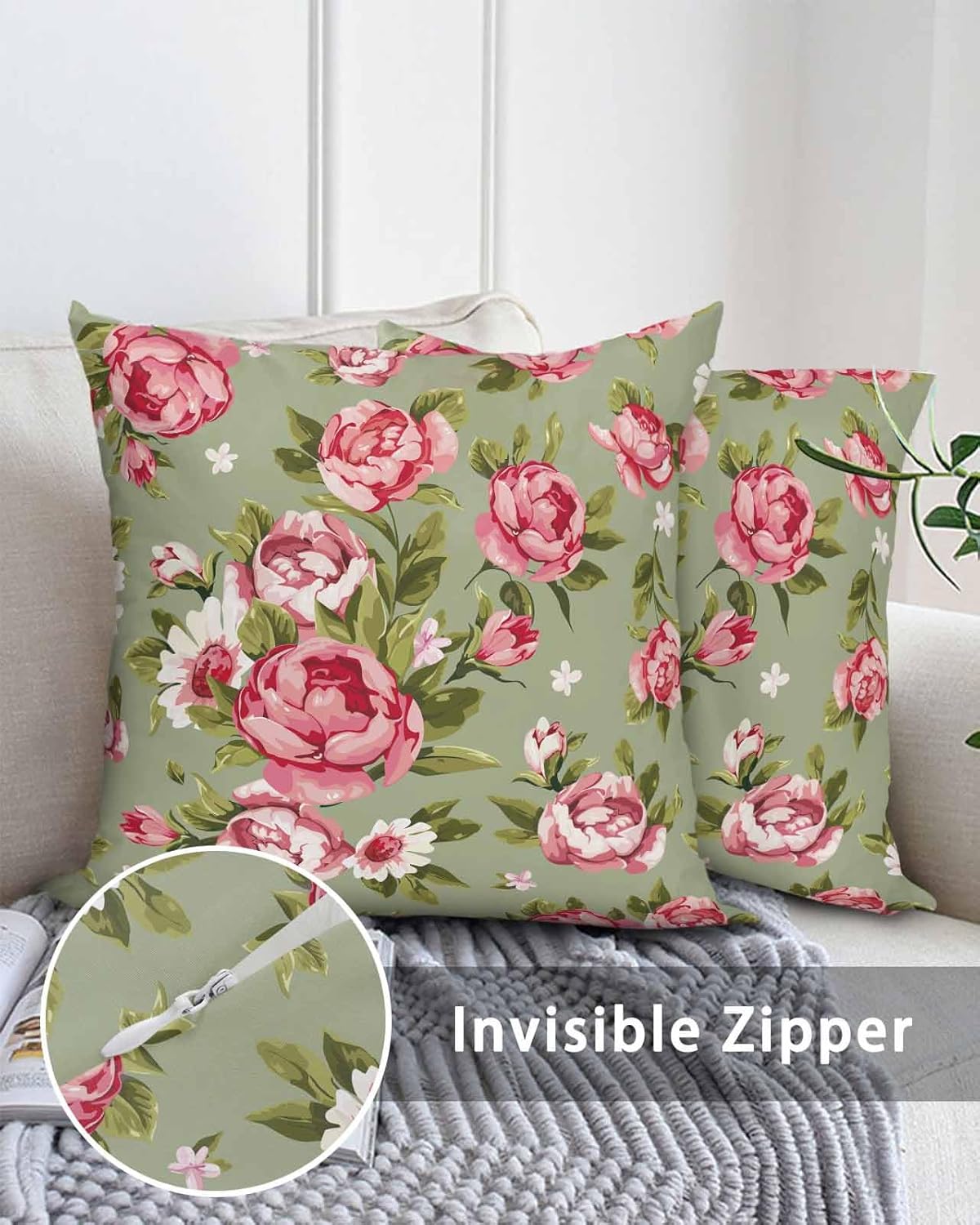 Outdoor Waterproof Throw Pillows Pink Flowers Peony Sage Green Pack of 2