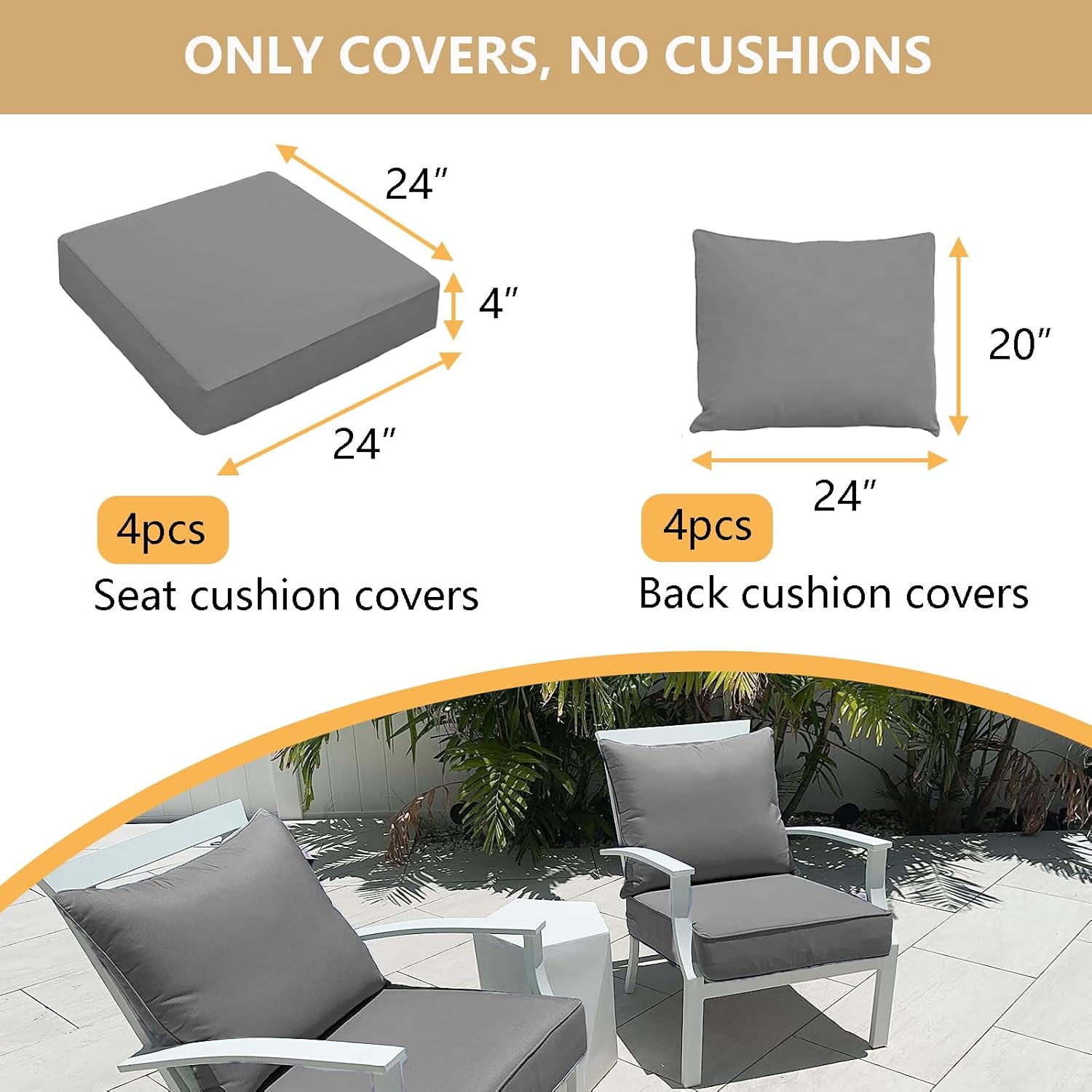 Oslimea 4-Piece Outdoor Cushion Covers Set - Water Resistant Zipper Design Grey
