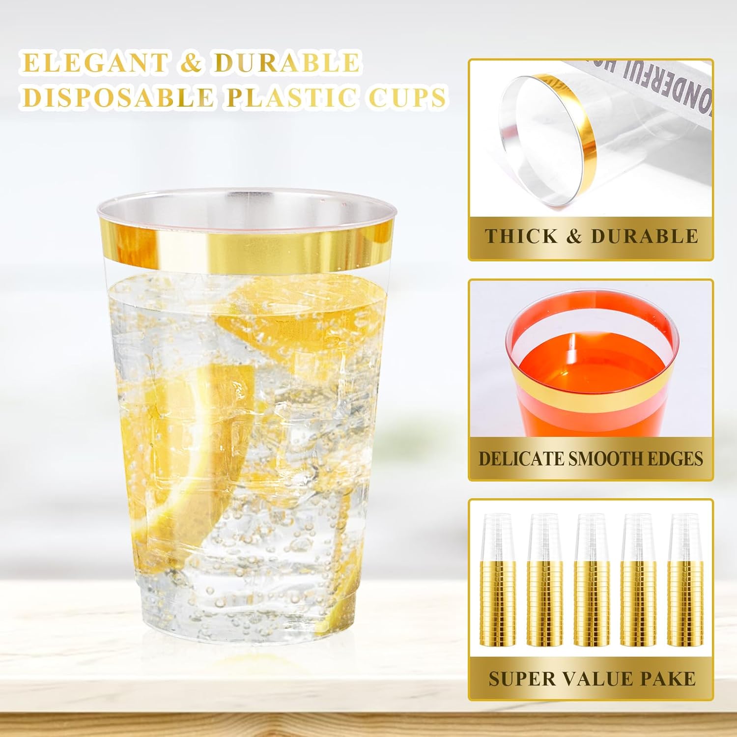 Ciaell 120PCS Gold Rimmed Plastic Cups 12Oz Heavy Duty