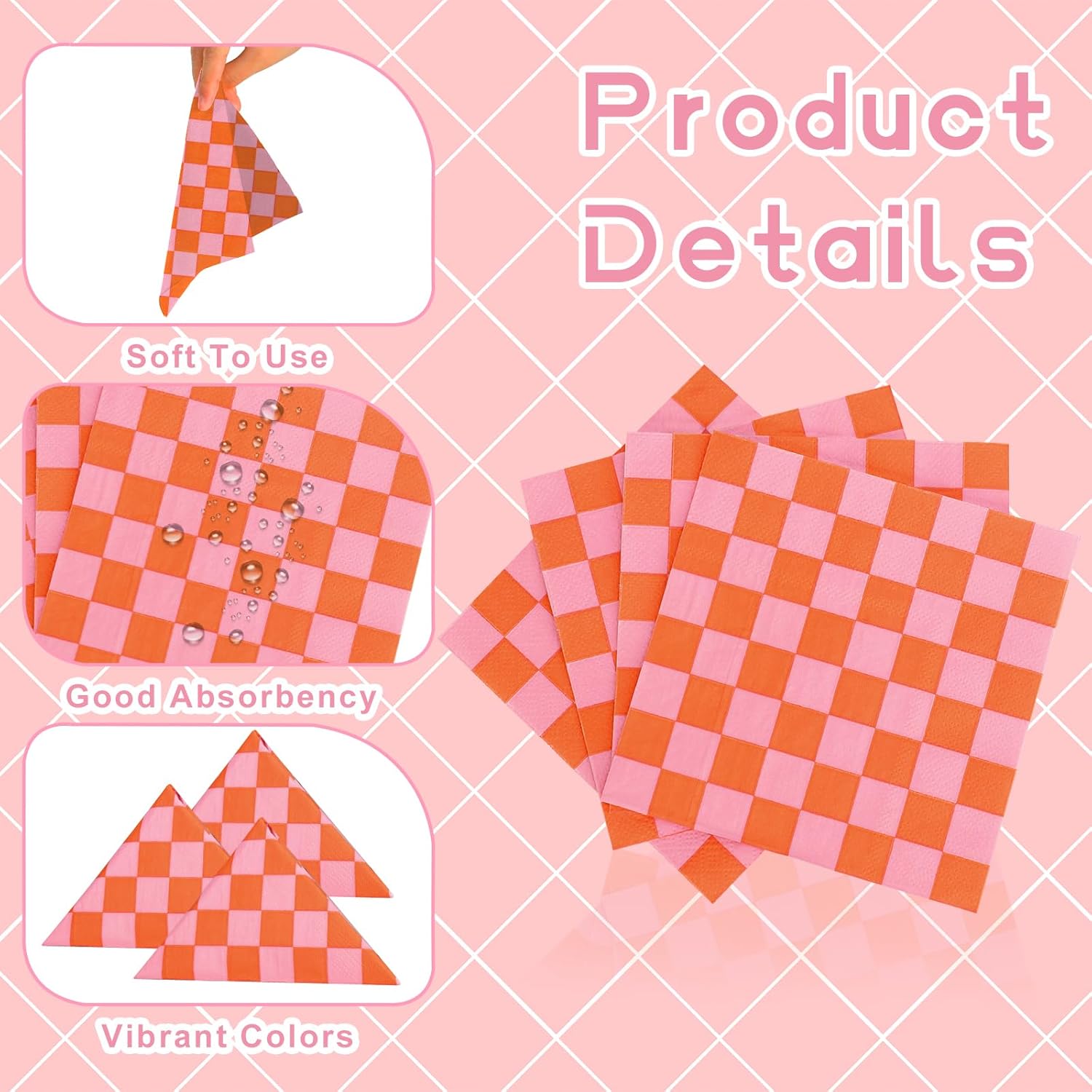 100 Pcs Plaid Paper Napkins Pink Orange Party Use