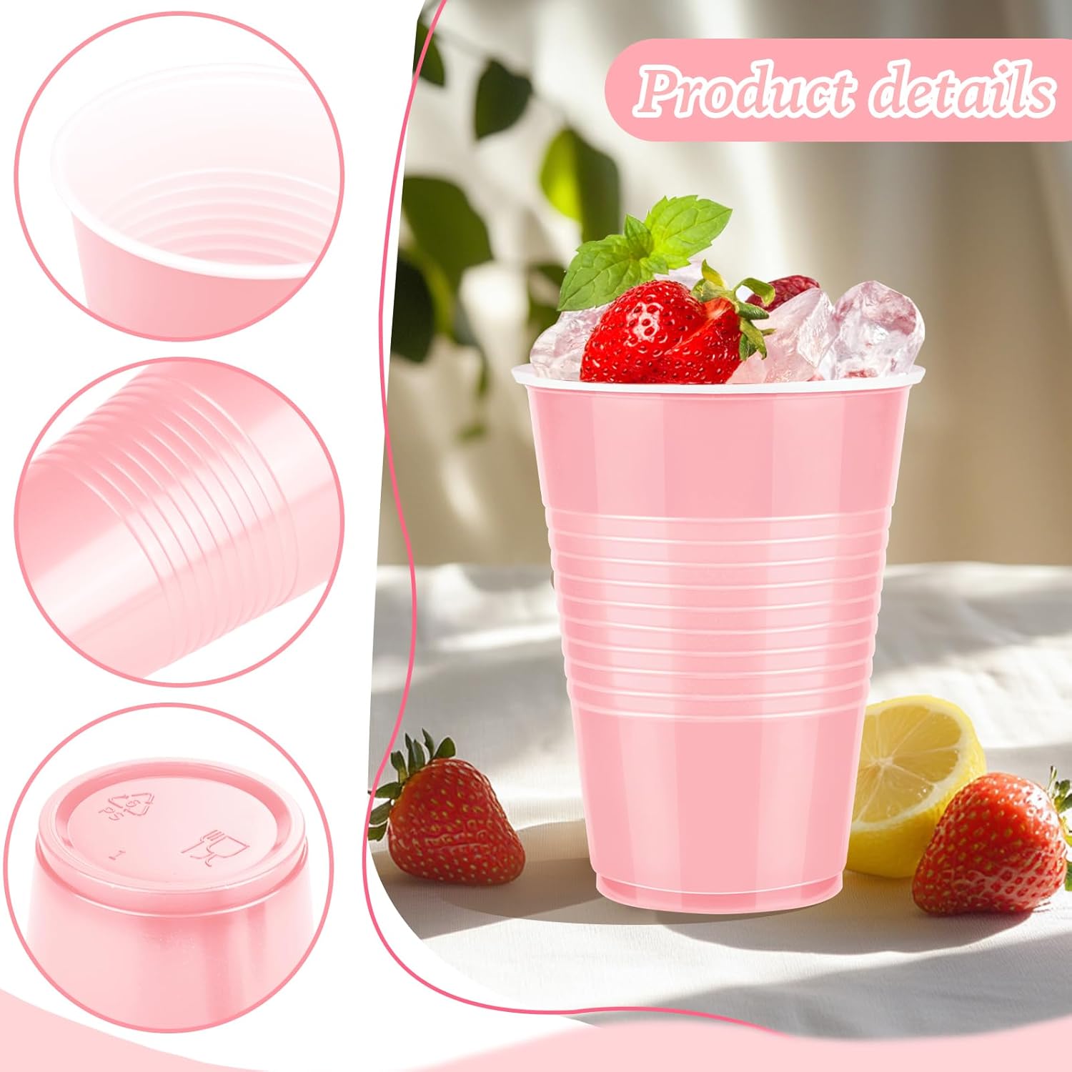 50 Pack Pink Plastic Cups 16 OZ for Party