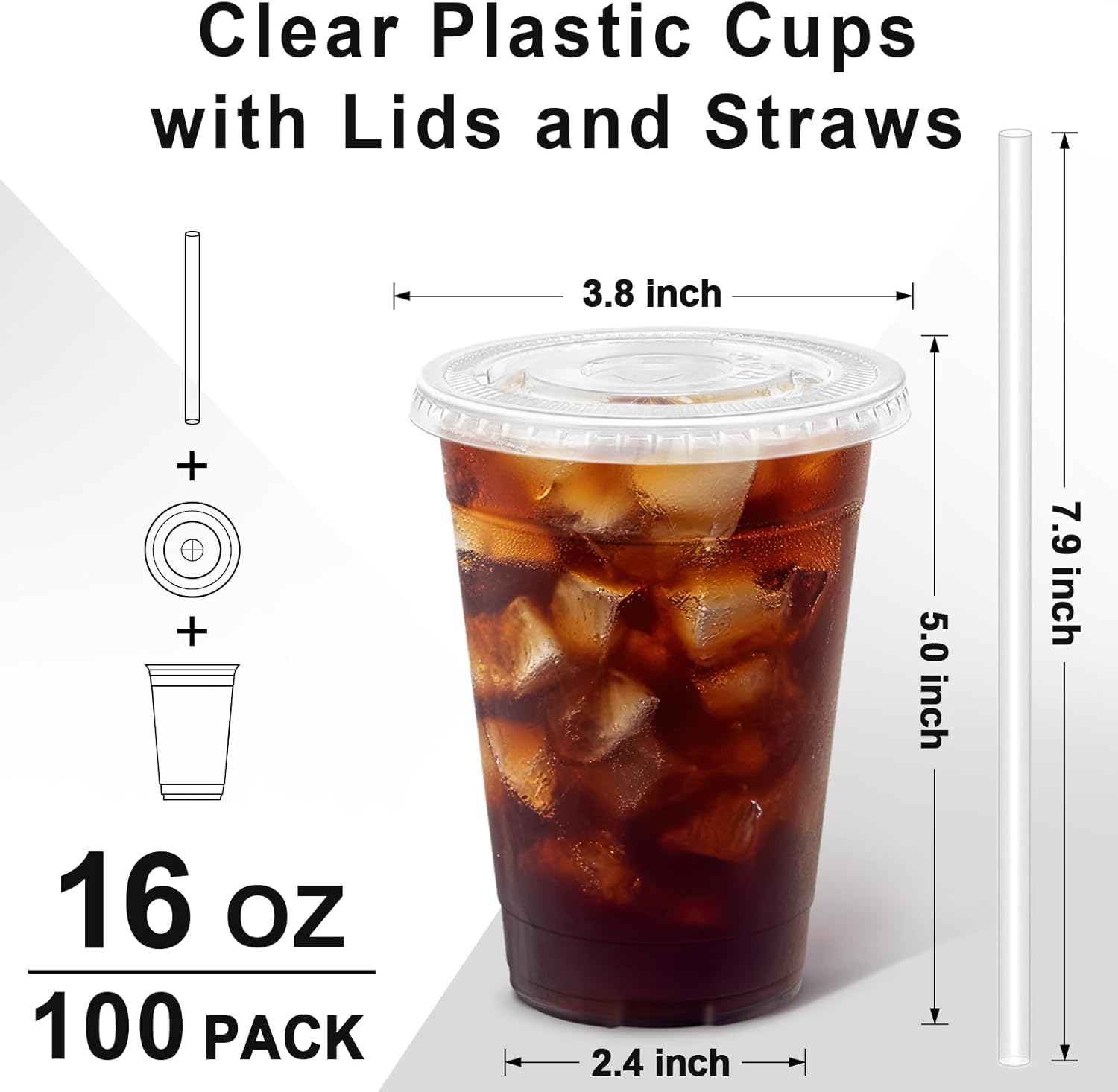 16 oz 100 Pack Plastic Cups with Lids and Straws