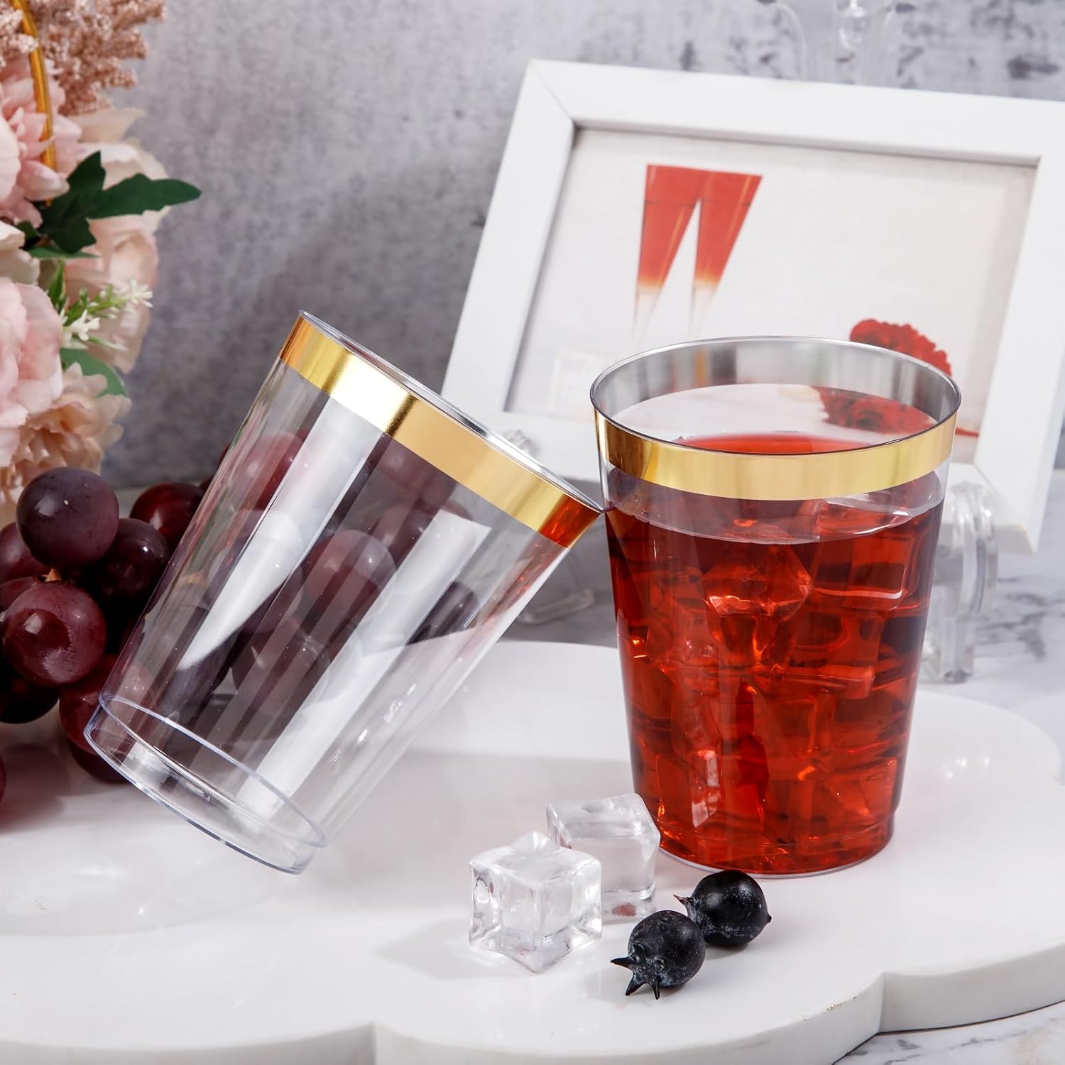 DaYammi 200 Pack 10 Oz Gold Rimmed Plastic Cups for Parties