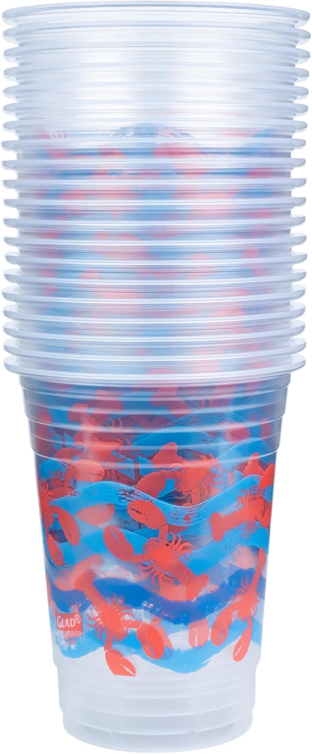 Glad Everyday Clear Plastic Cups with Lobster Waves Design 16 Oz 20 Count