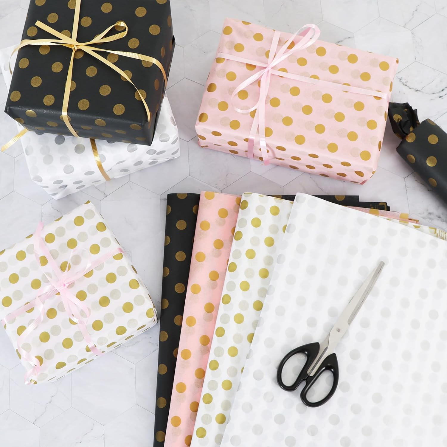 BEISHIDA 100 Sheets Black and Gold Polka Dot Wrapping Tissue Paper