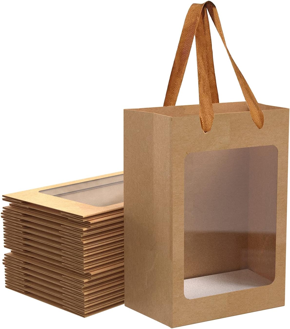12 Pcs Brown Kraft Gift Bags with Handles and Window