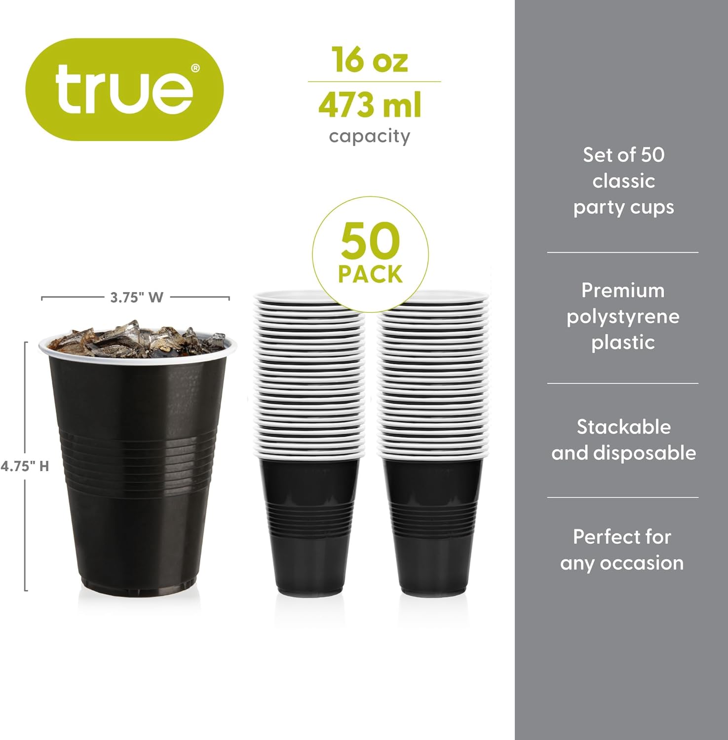 True Black 16oz Plastic Cups Set of 50 for Parties