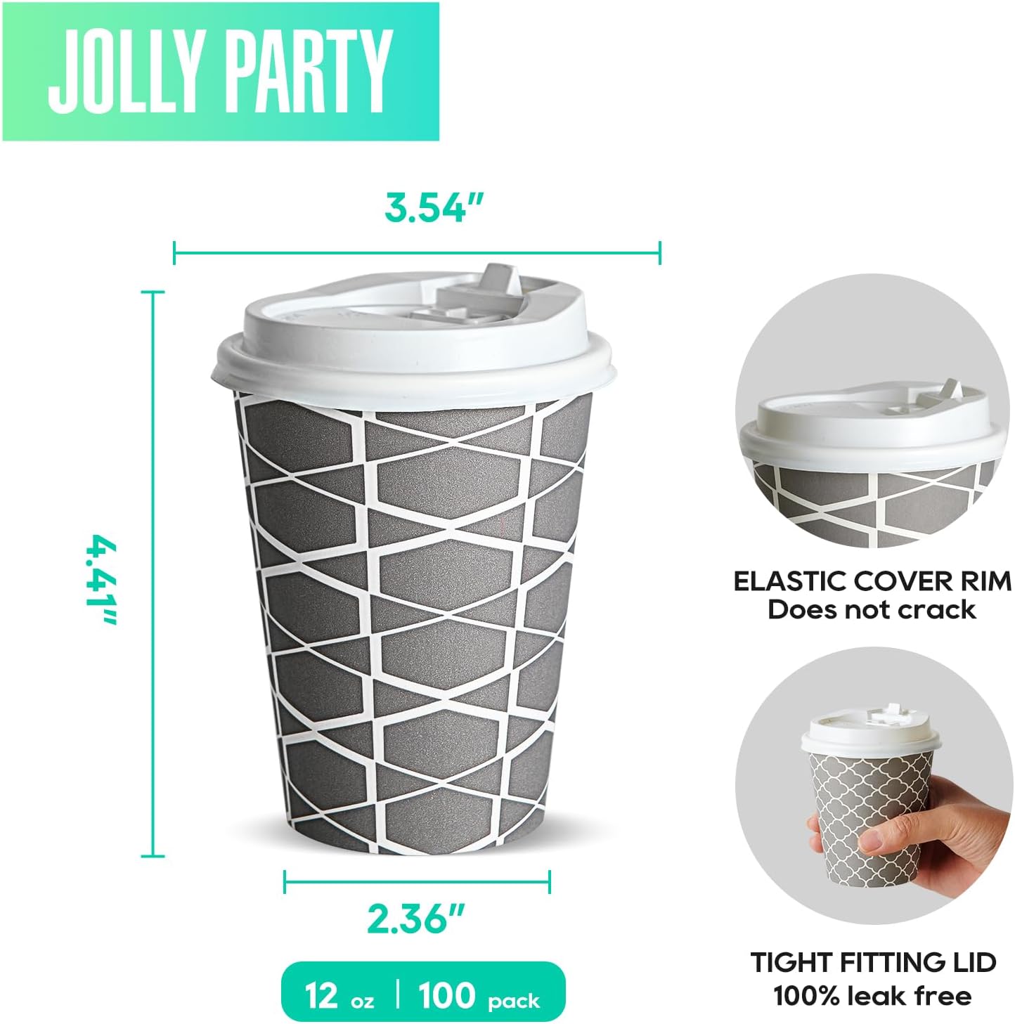 Jolly Party 12 oz Disposable Coffee Cups with Lids 100 Set