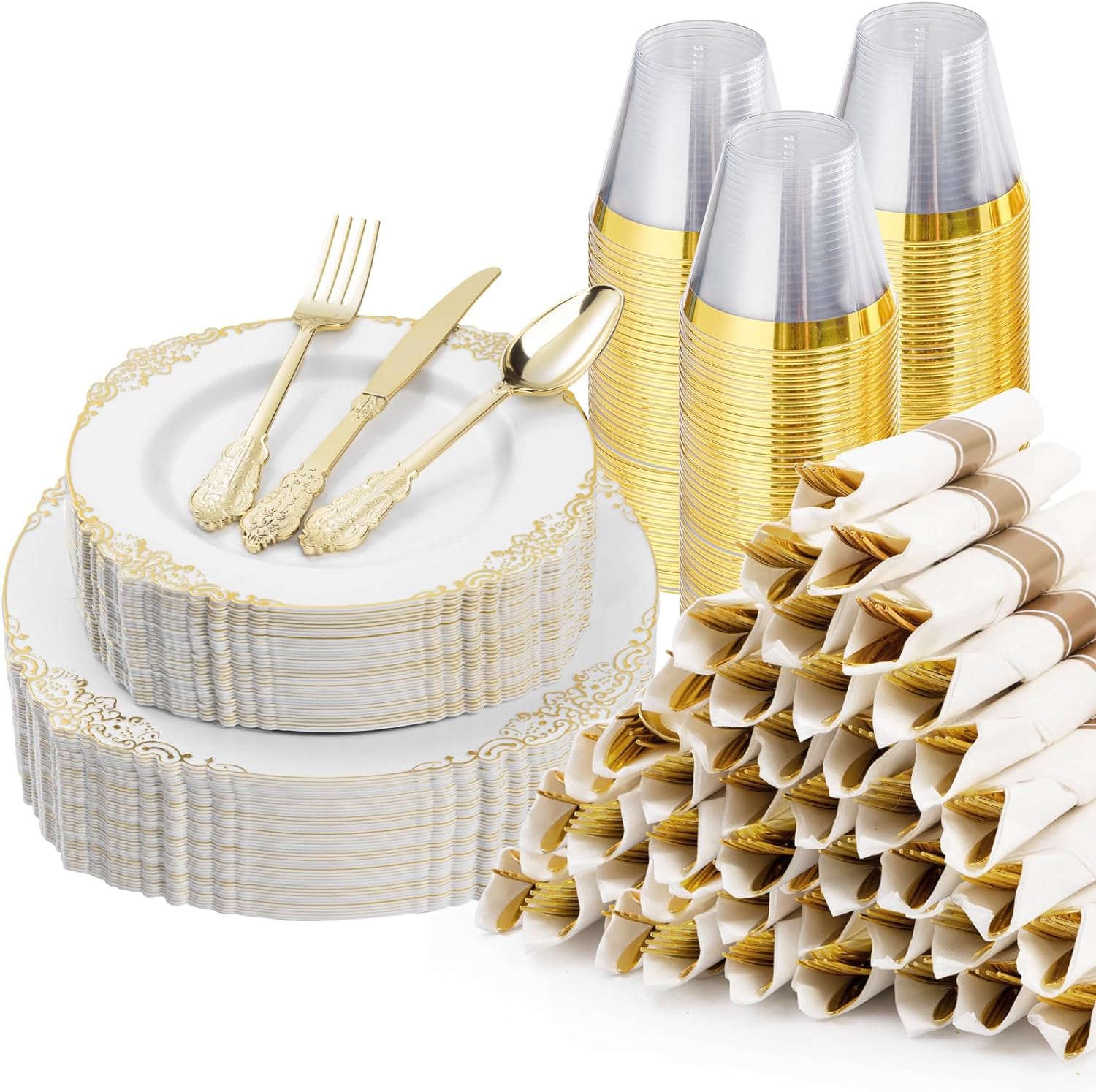 350PCS Gold Plastic Plates for 50 Guests Wedding Party Set