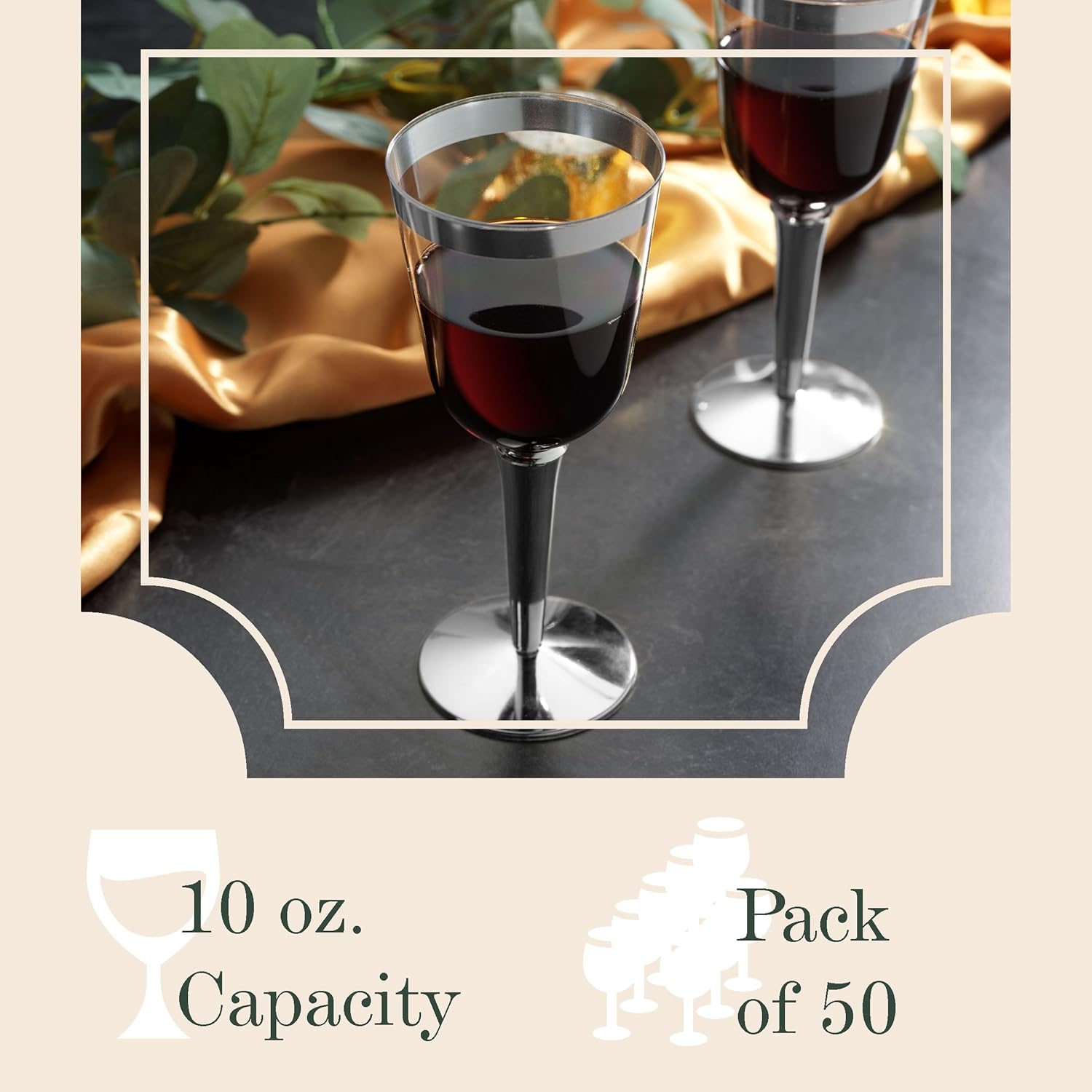 BloominGoods 50 Silver Rimmed Plastic Wine Glasses 10 oz Pack