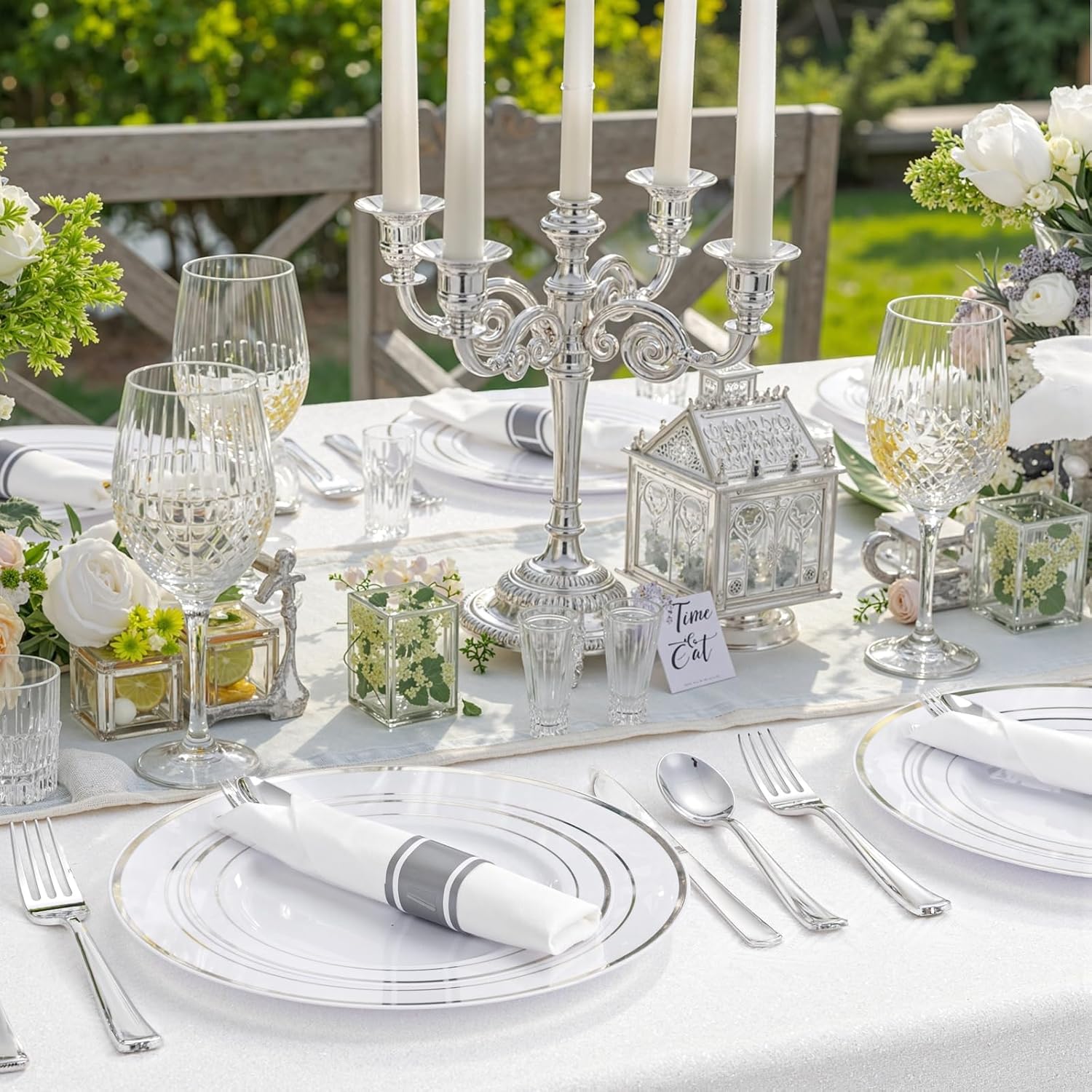 350 Piece Silver Plastic Dinnerware Set for 50 Guests