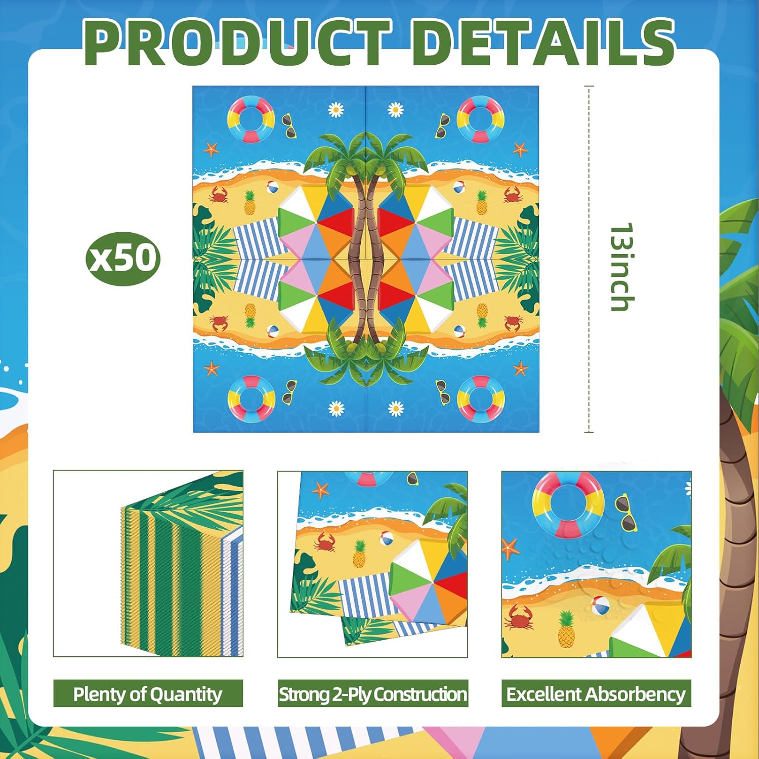 50 Count Summer Beach Paper Napkins with Tropical Design