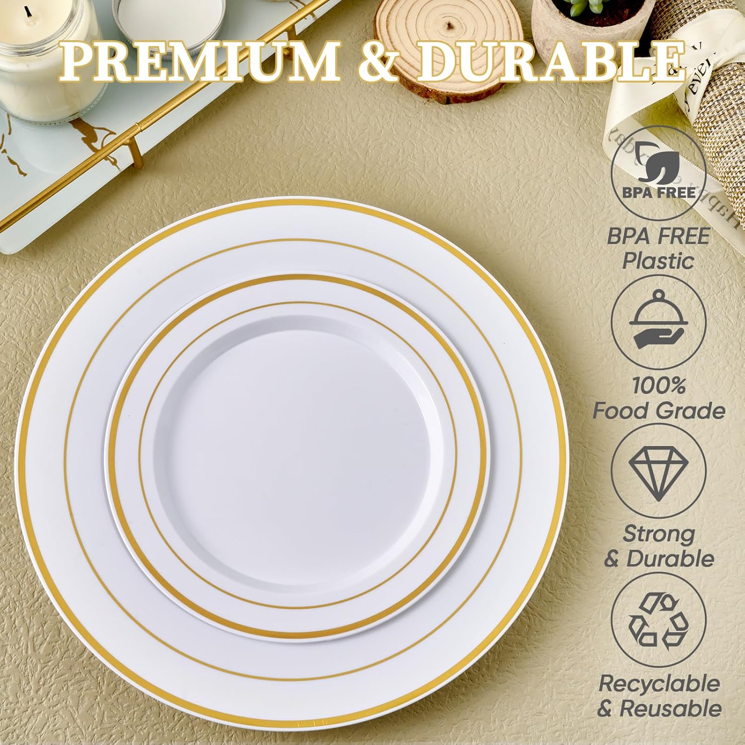 FOCUSLINE Gold Plastic Plates Set of 60