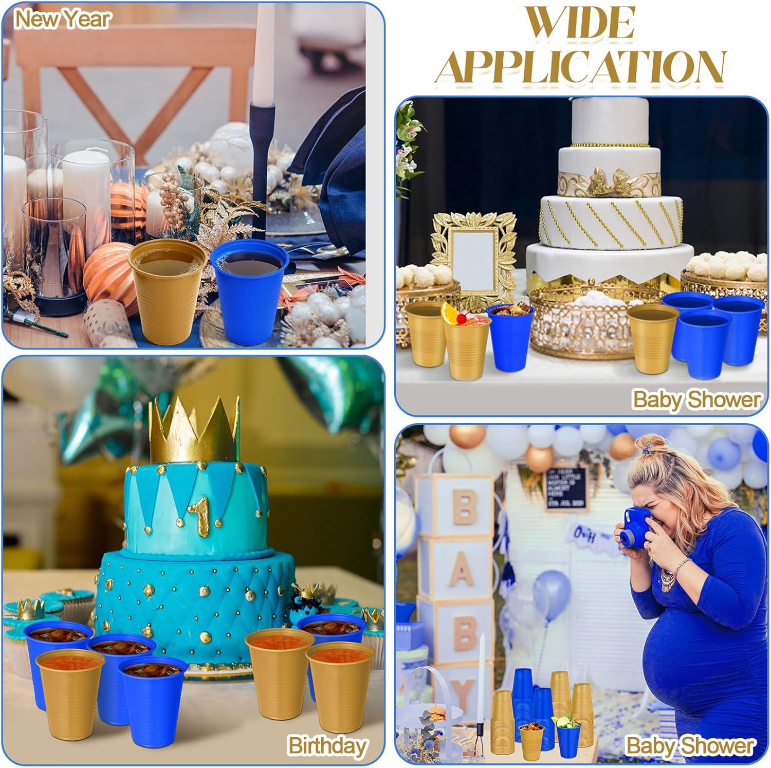 100 Pcs 12 oz Blue and Gold Disposable Cups for Parties