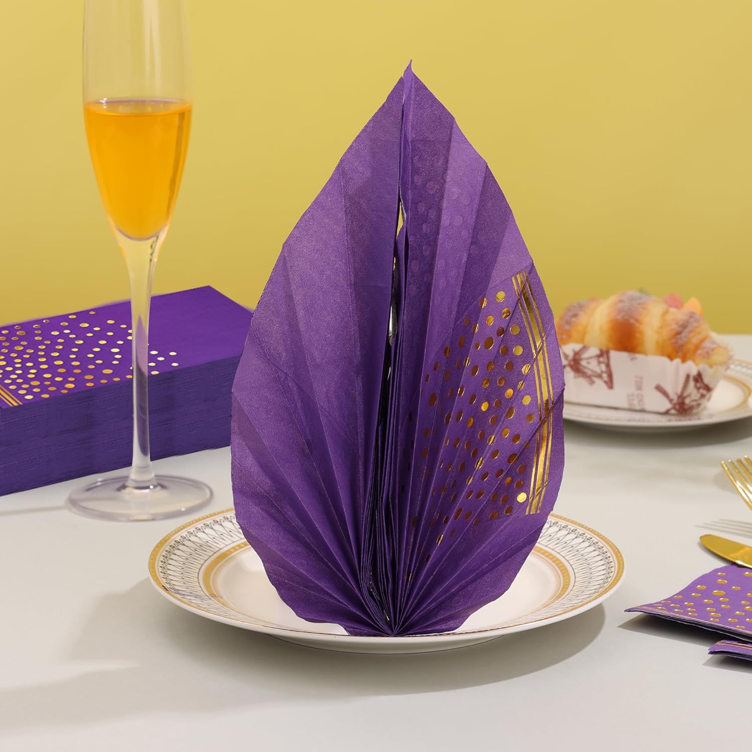 100 Pcs Purple Gold Dot Disposable Napkins for Parties