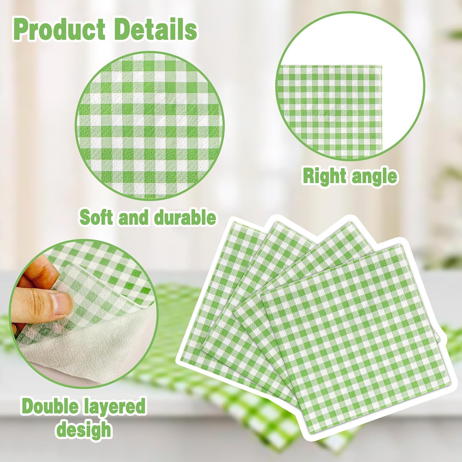 FLOWERCAT 100 Count 2 Ply Green Checkered Napkins 5x5 Inches