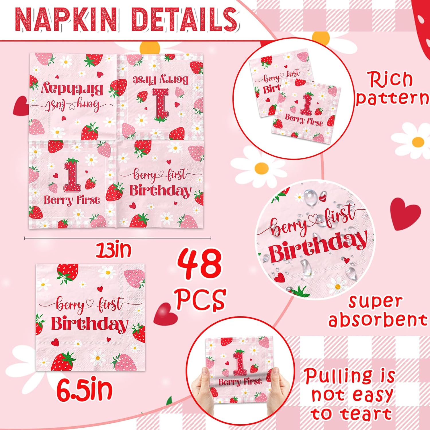 48pcs Strawberry First Birthday Napkins for Girls
