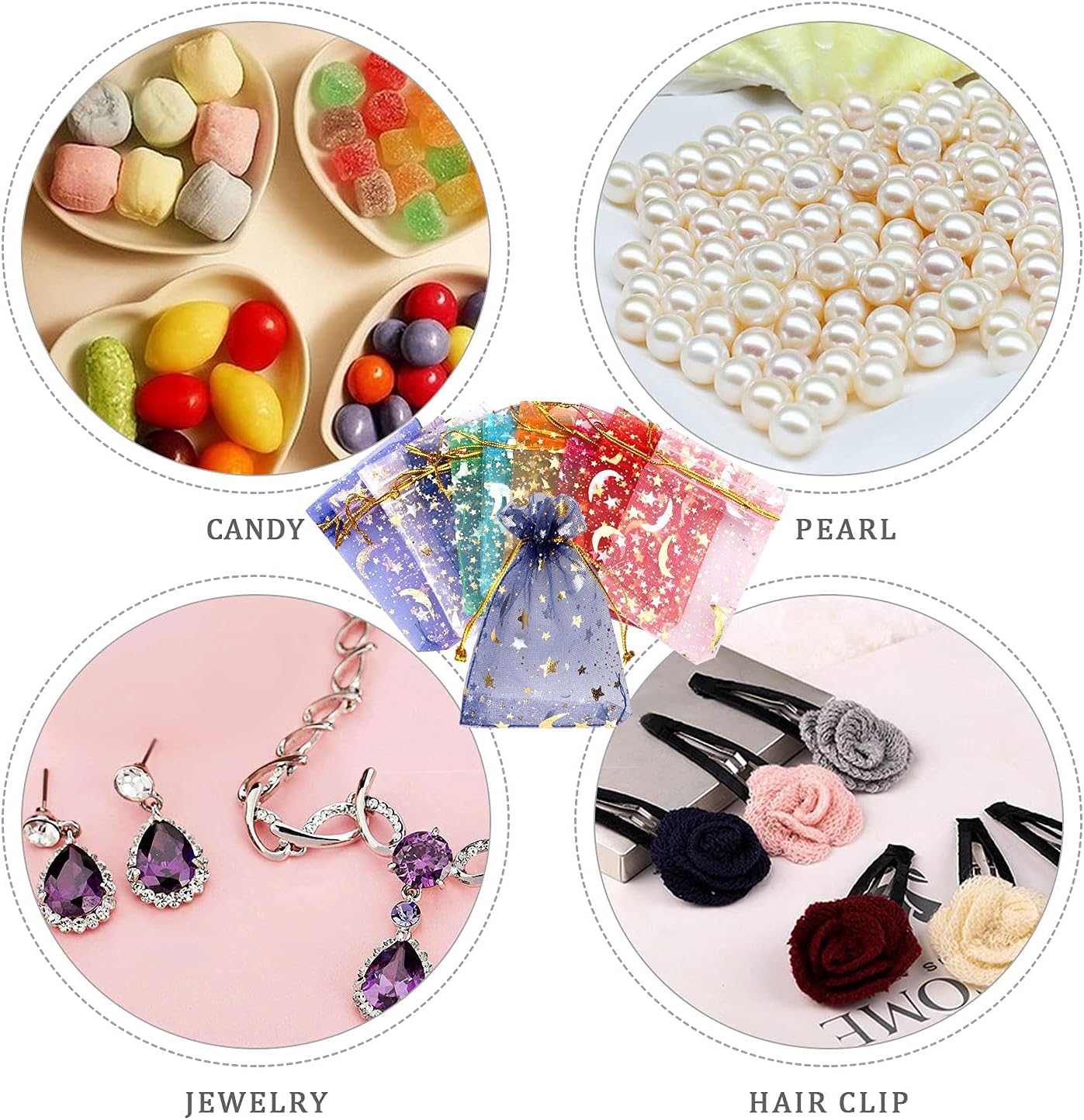 SUMAJU 100 Piece Moon Star Organza Jewelry Candy Bags Gift Pouch with Drawstring