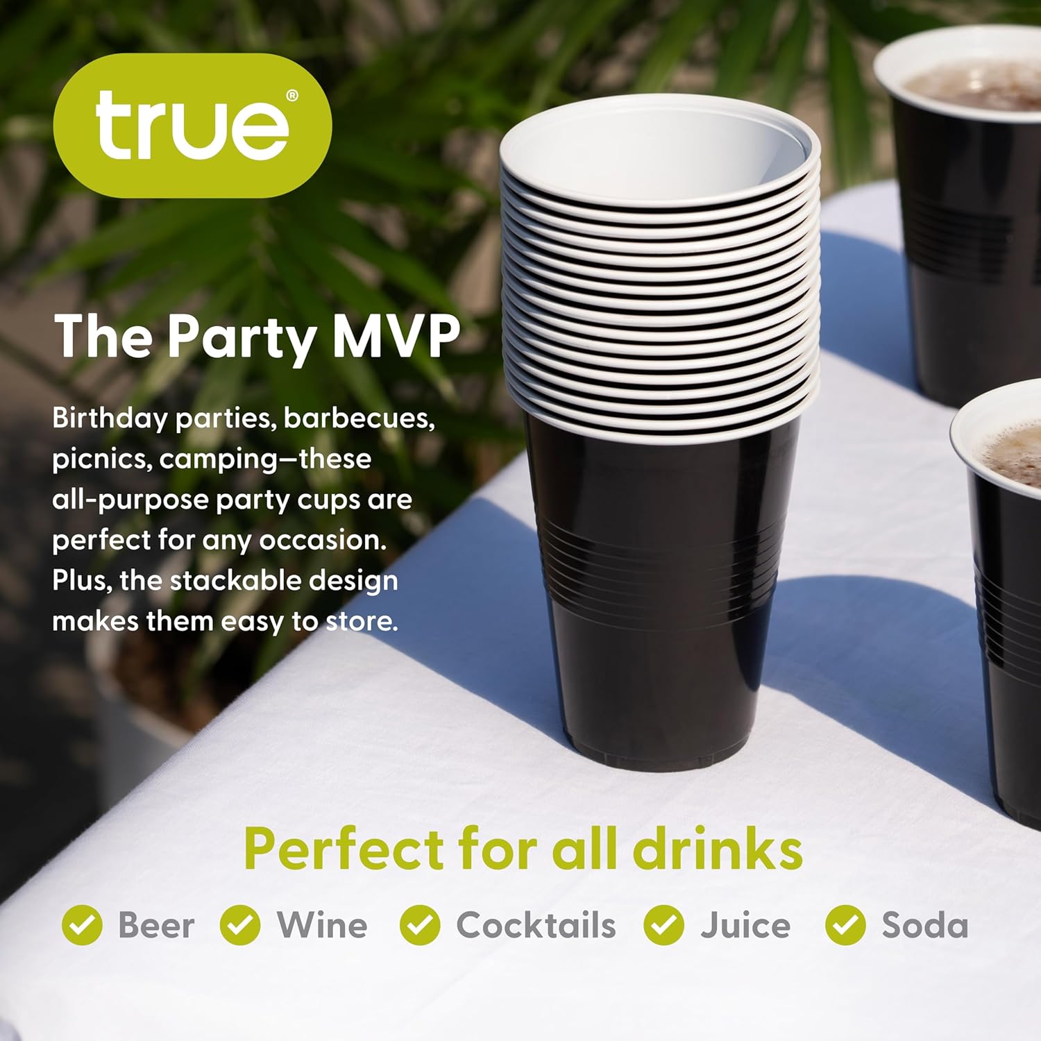 True Black 16oz Plastic Cups Set of 50 for Parties