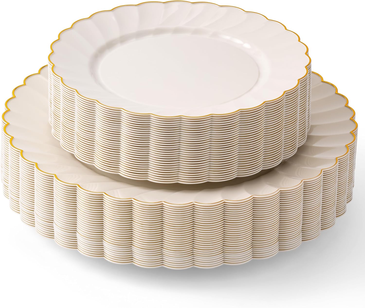 By Madee 60 Pc Ivory Scalloped Plates with Gold Trim