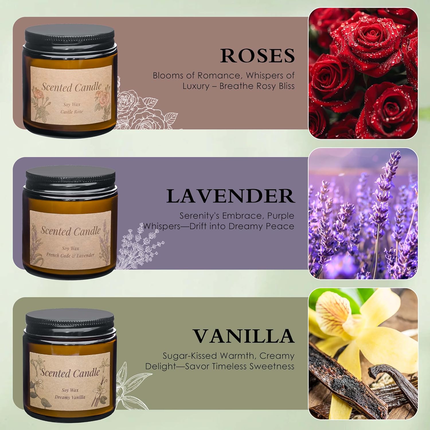 Rancco 3 Pack Scented Candles Set Vanilla Lavender Rose