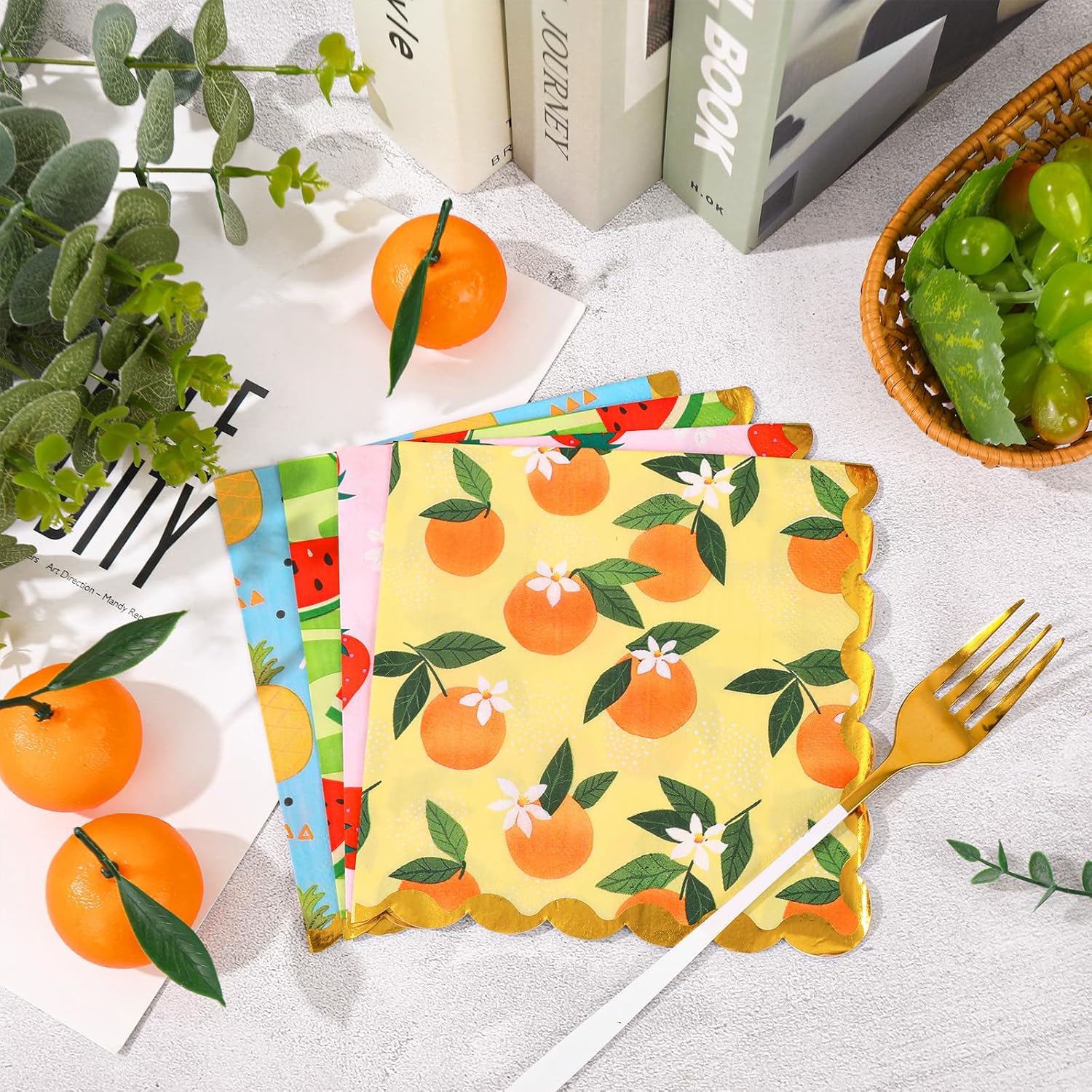 100Pcs Fruit Foil Scalloped Napkins with 4 Designs for Parties