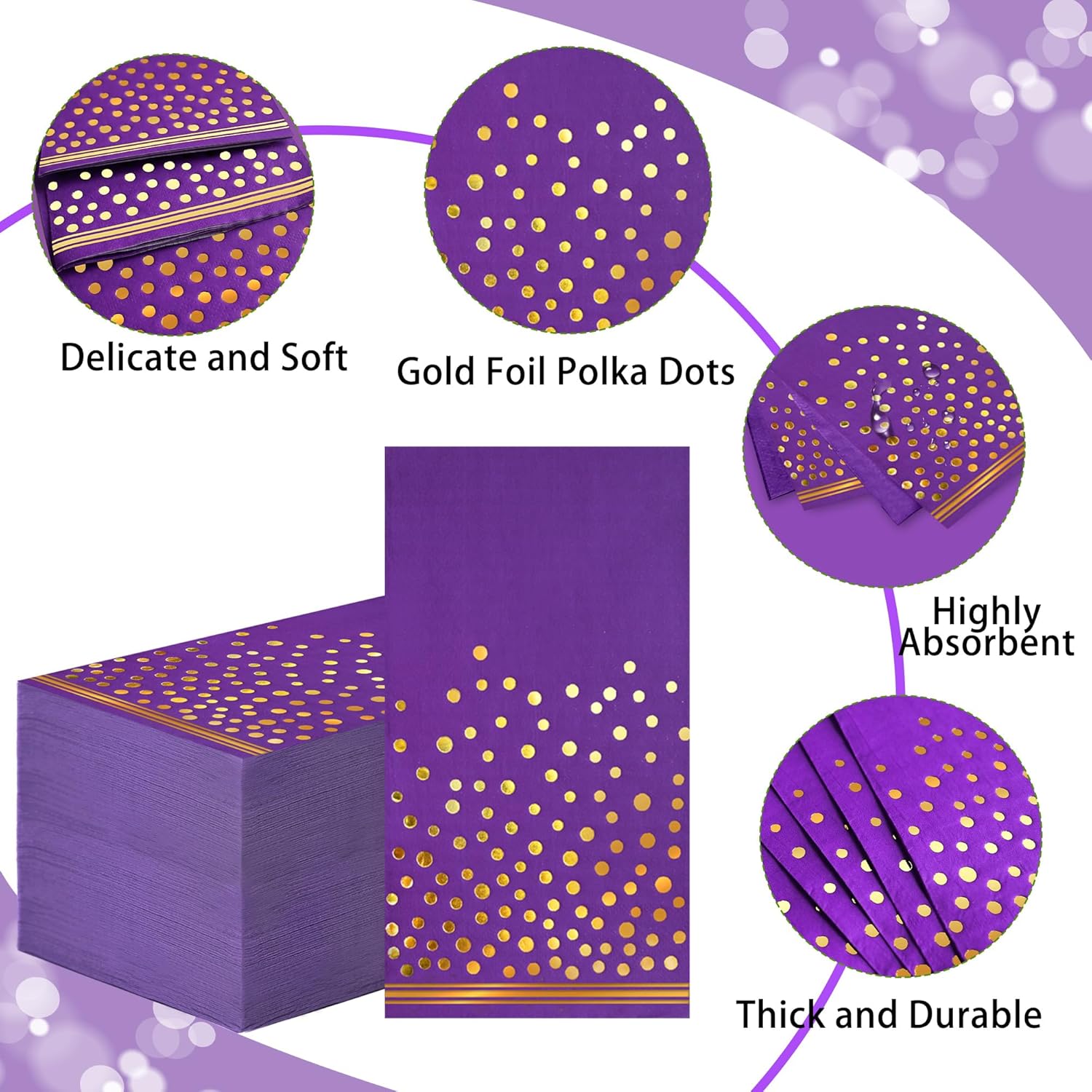 100 Pcs Purple Gold Dot Disposable Napkins for Parties
