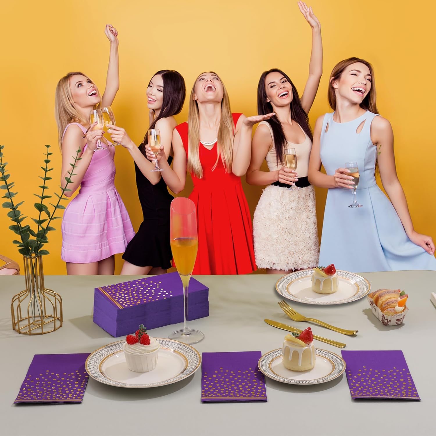 100 Pcs Purple Gold Dot Disposable Napkins for Parties