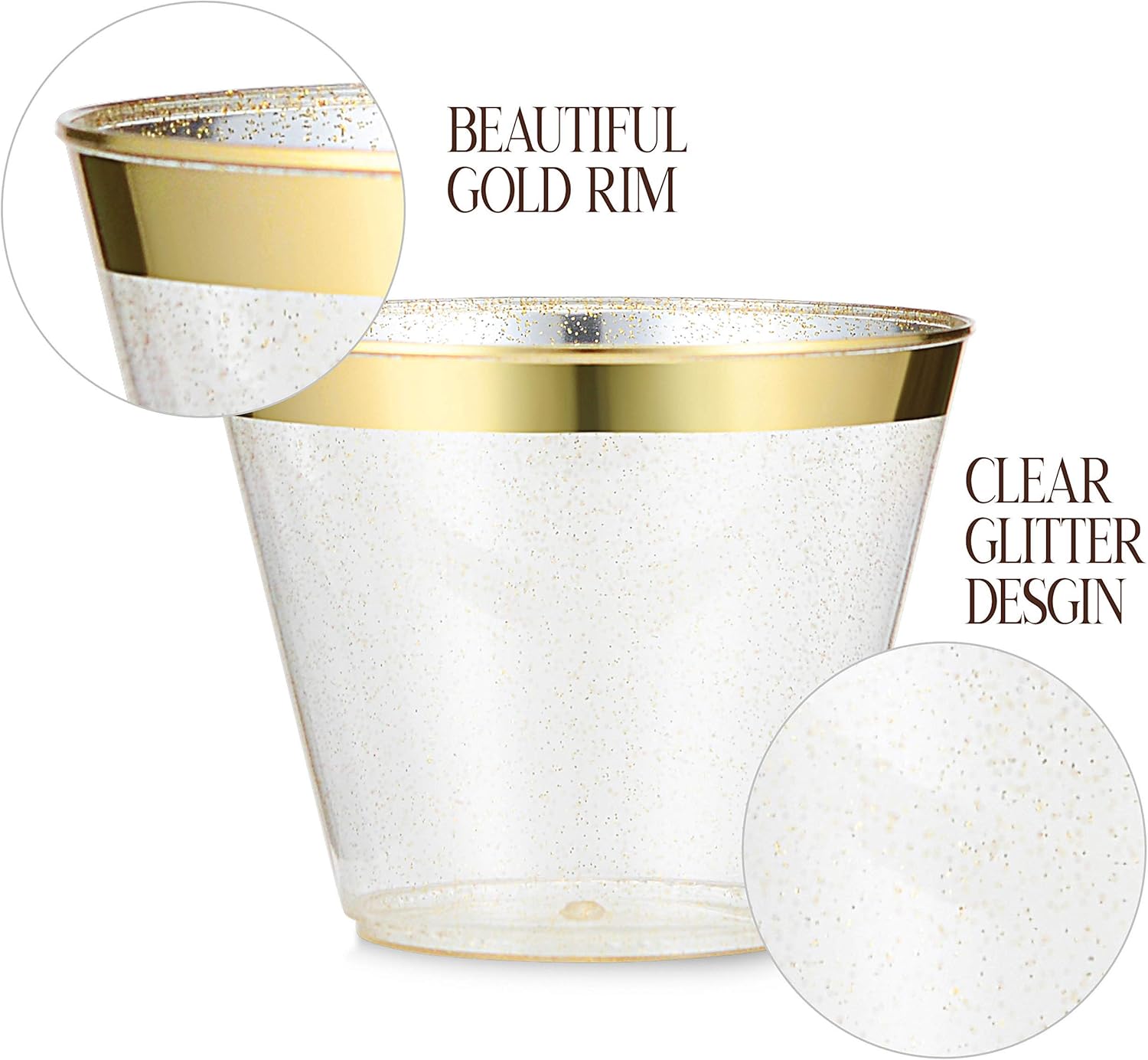 100 Pack 9oz Gold Glitter Plastic Cups with Gold Rim - Premium Partyware