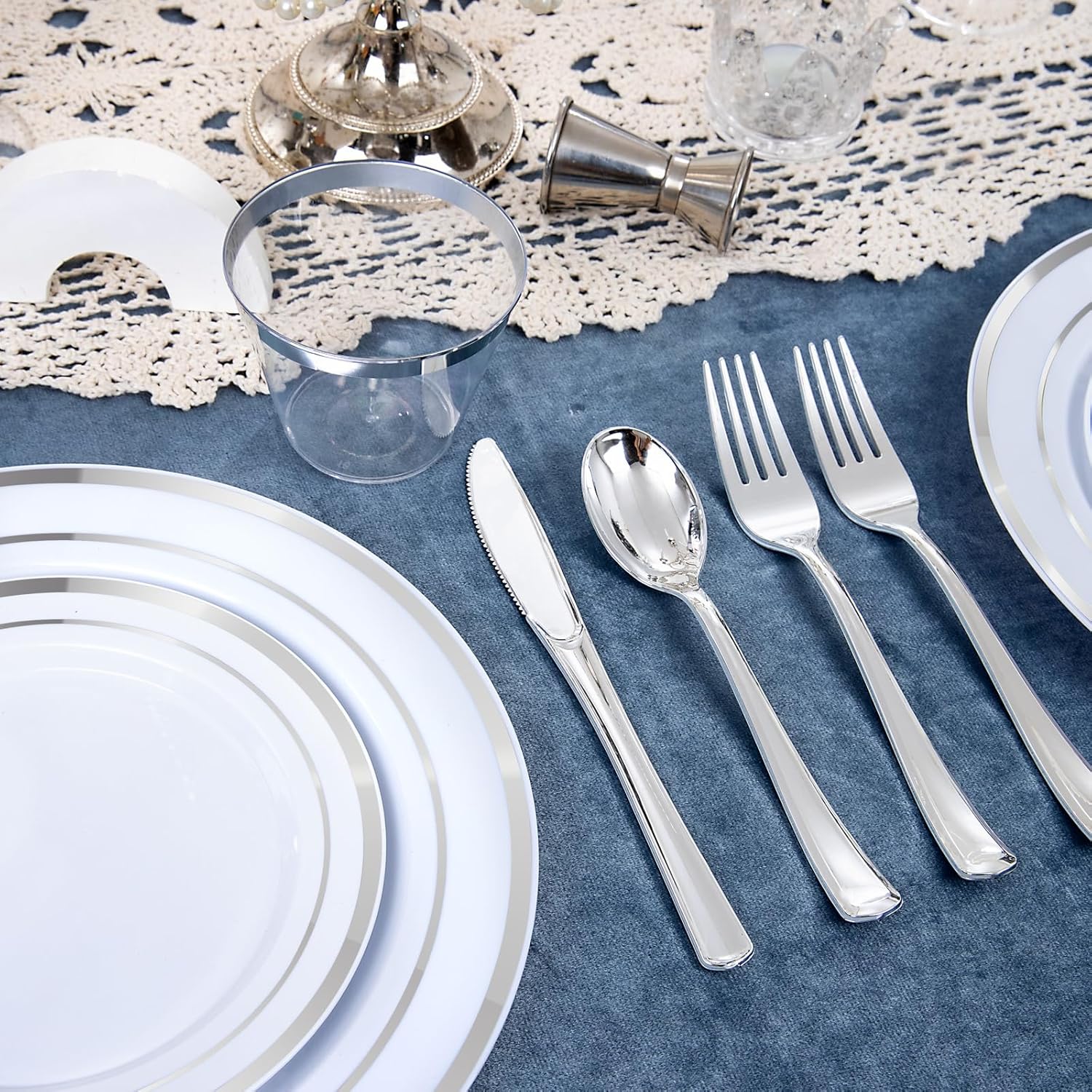 WELLIFE 600 PCS Silver Disposable Dinnerware Set for 100 Guests