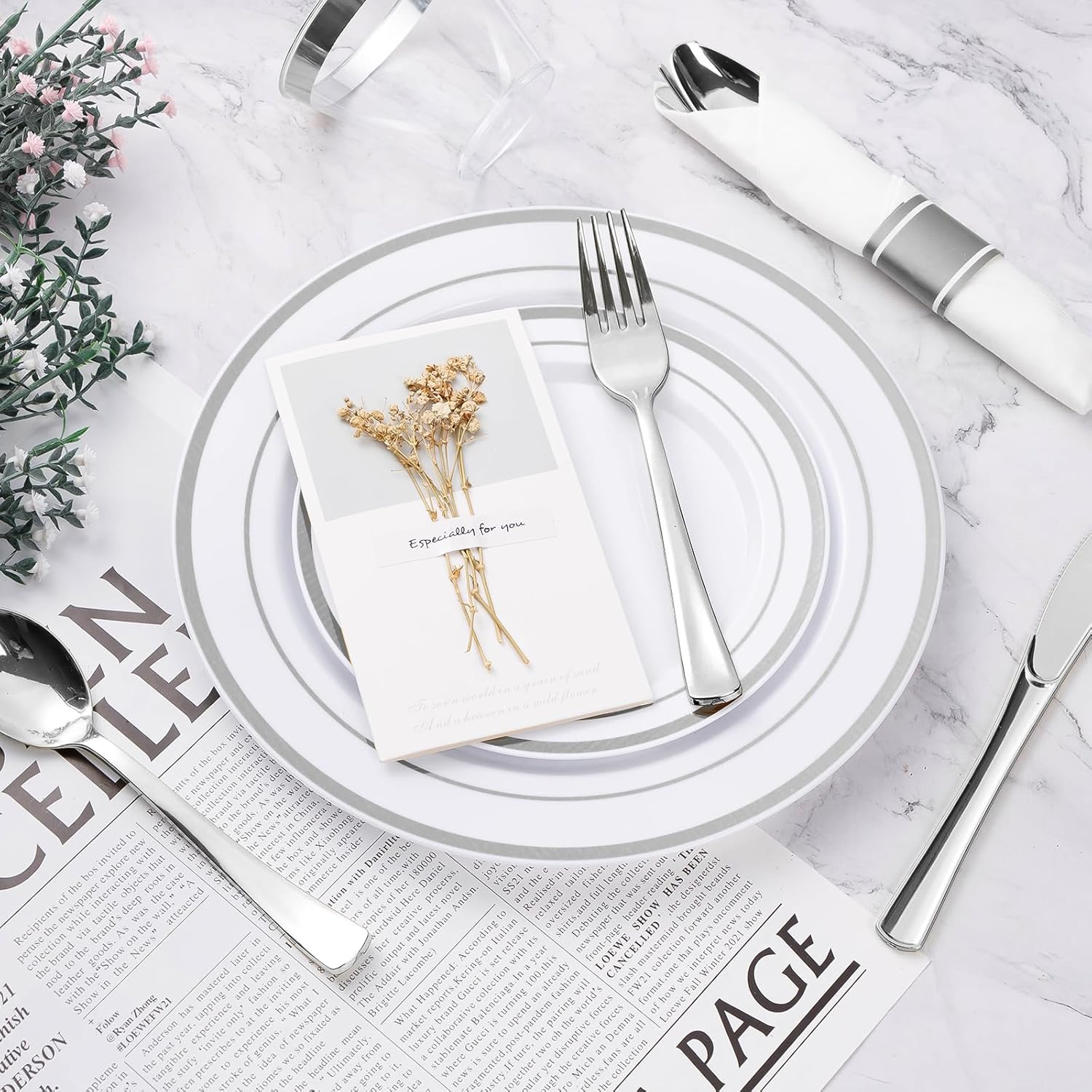350PCS Silver Plastic Dinnerware Set for 50 Guests