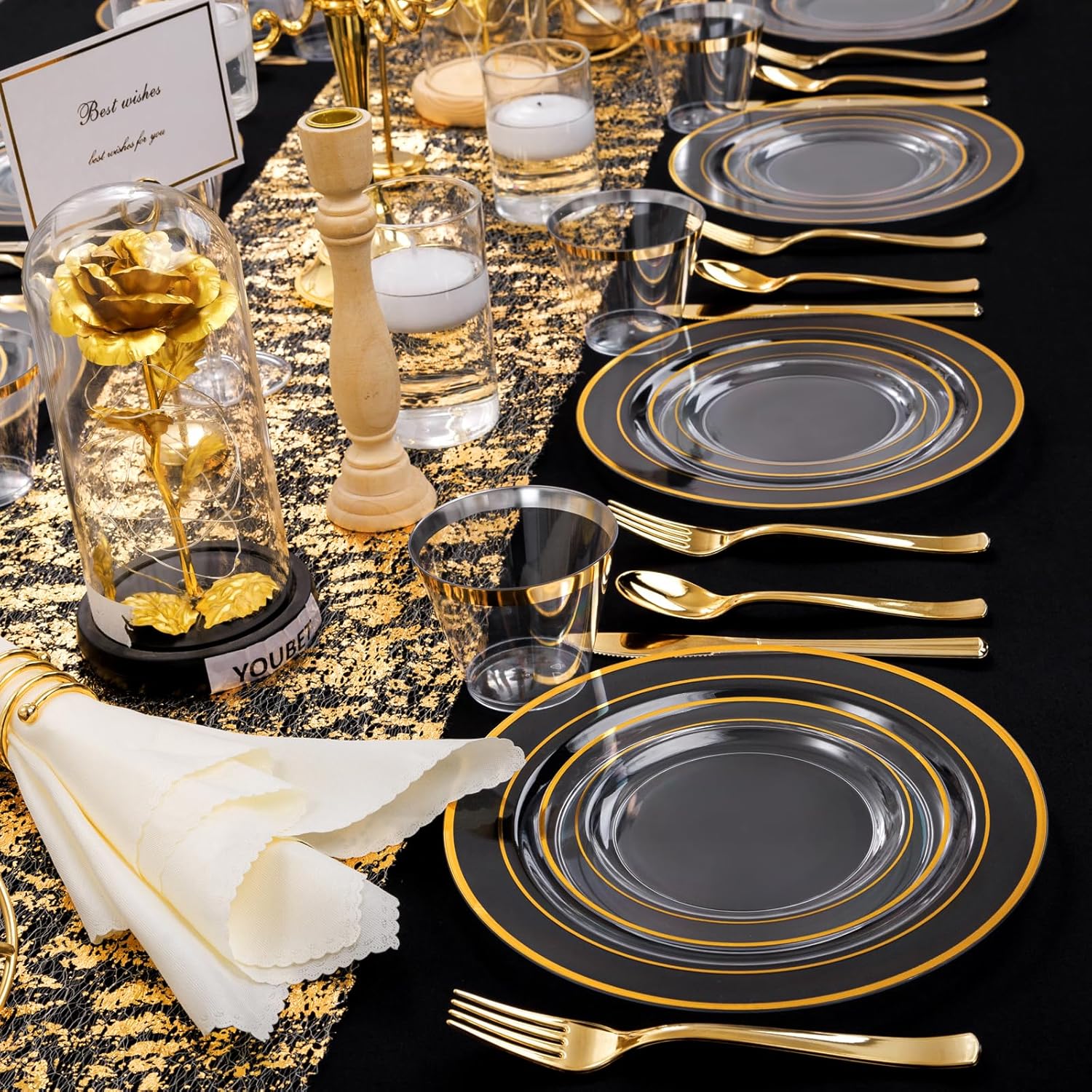 WELLIFE 600 Piece Gold Trim Plastic Dinnerware Set for Party