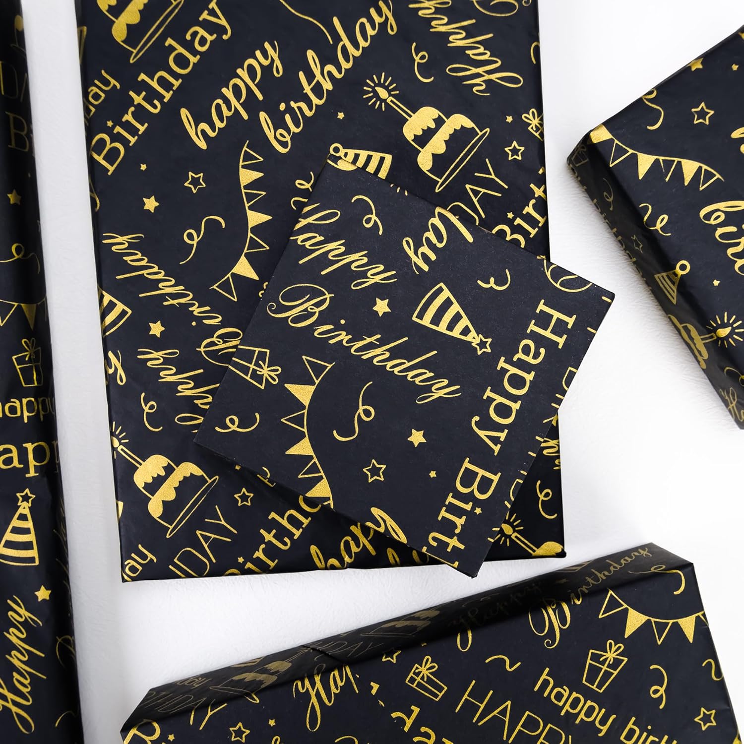 MR FIVE 100 Sheets Birthday Tissue Paper - 20x14 Black Gold Design