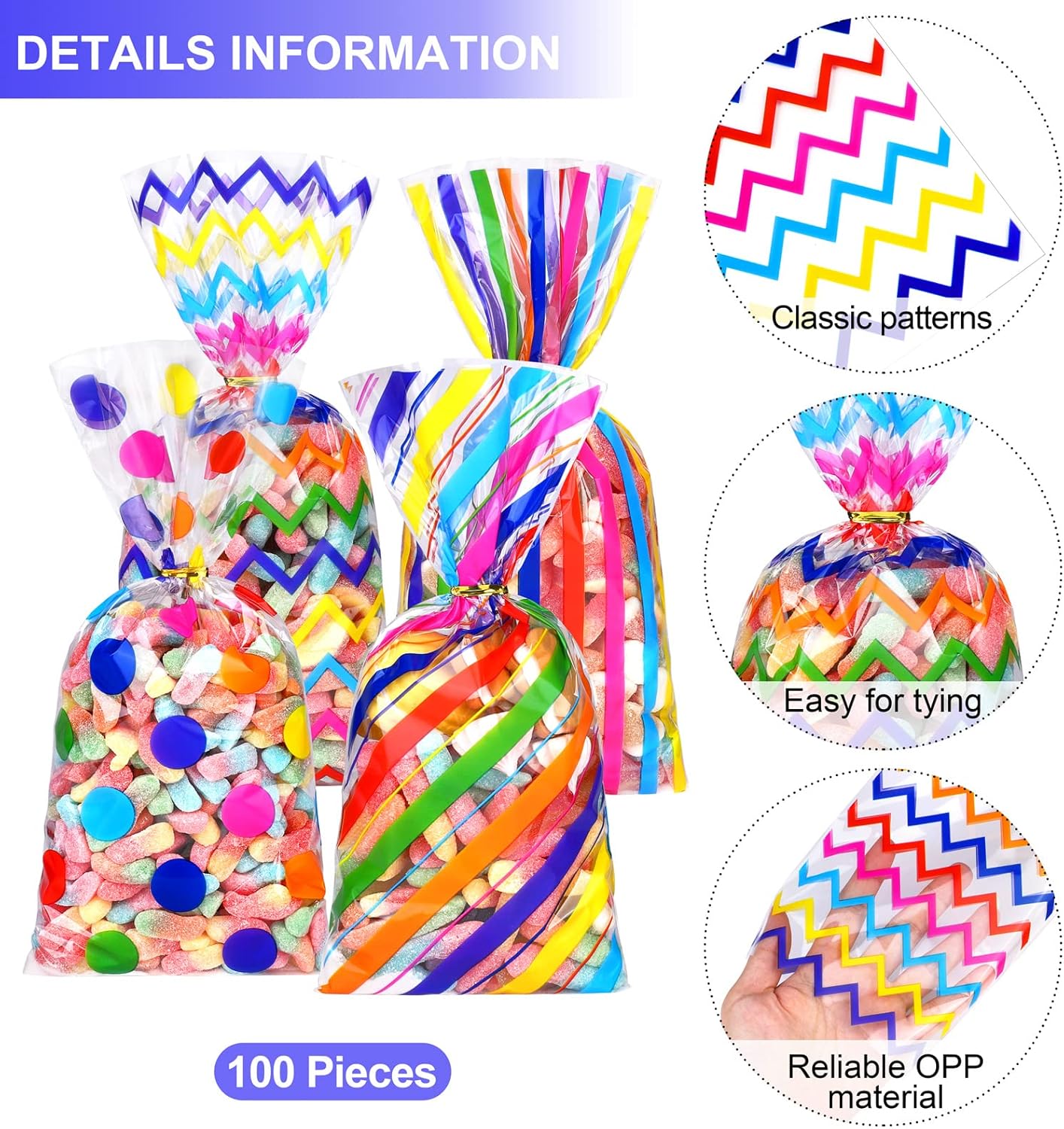 Aodaer 100 Piece Rainbow Cellophane Gift Bags with Twist Ties