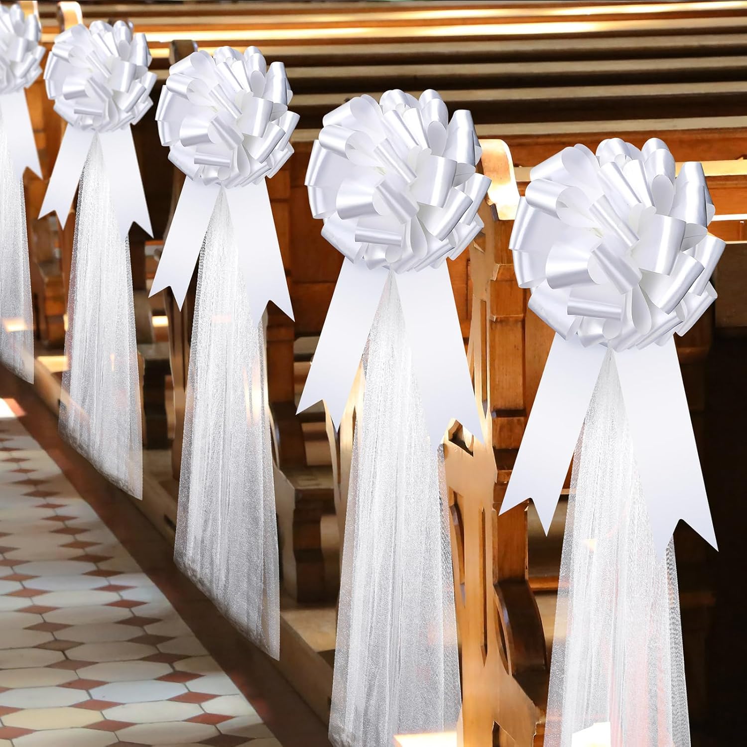 Dingion 30pcs White Wedding Pew Bows with Tulle