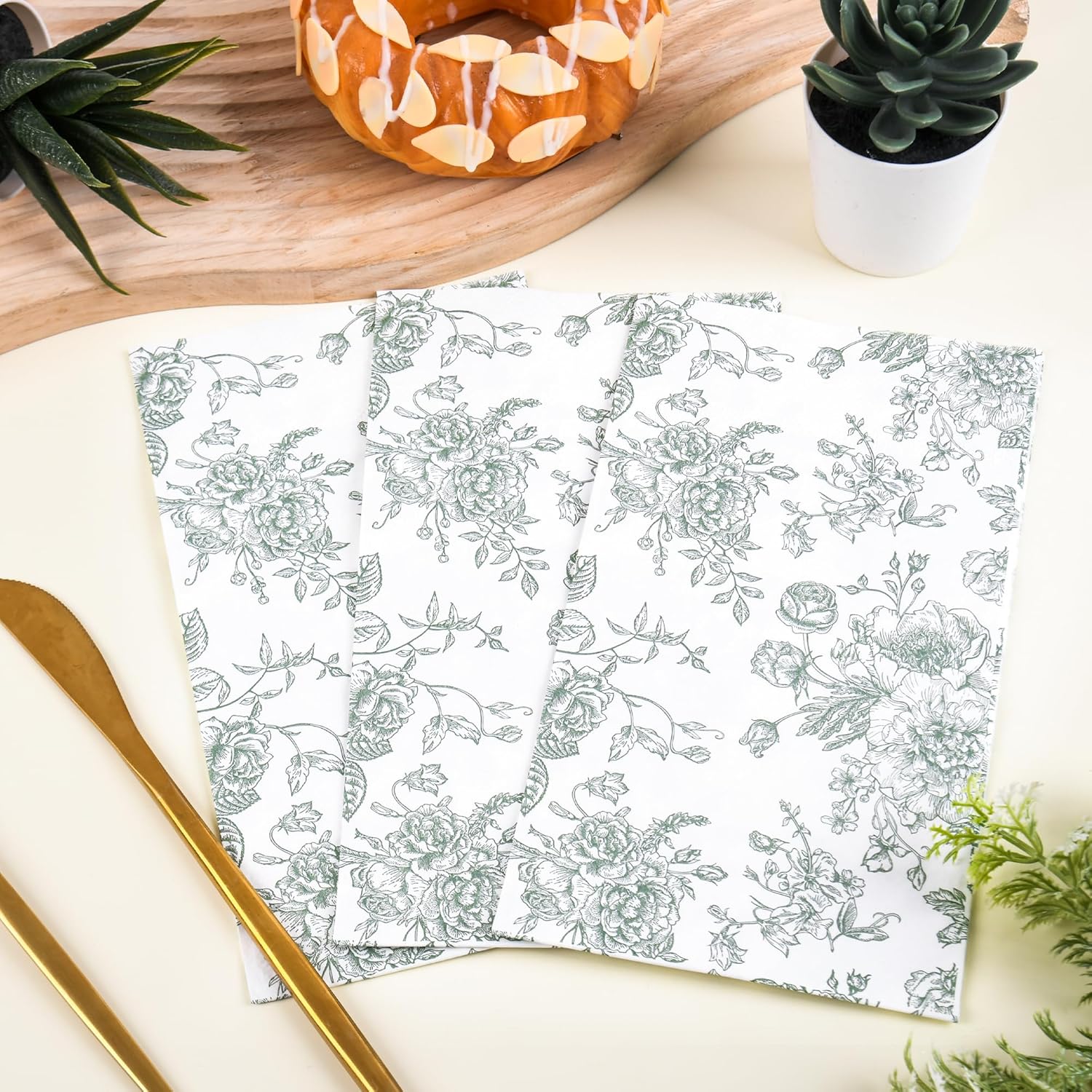 100 Floral Guest Napkins Sage Green and White Toile