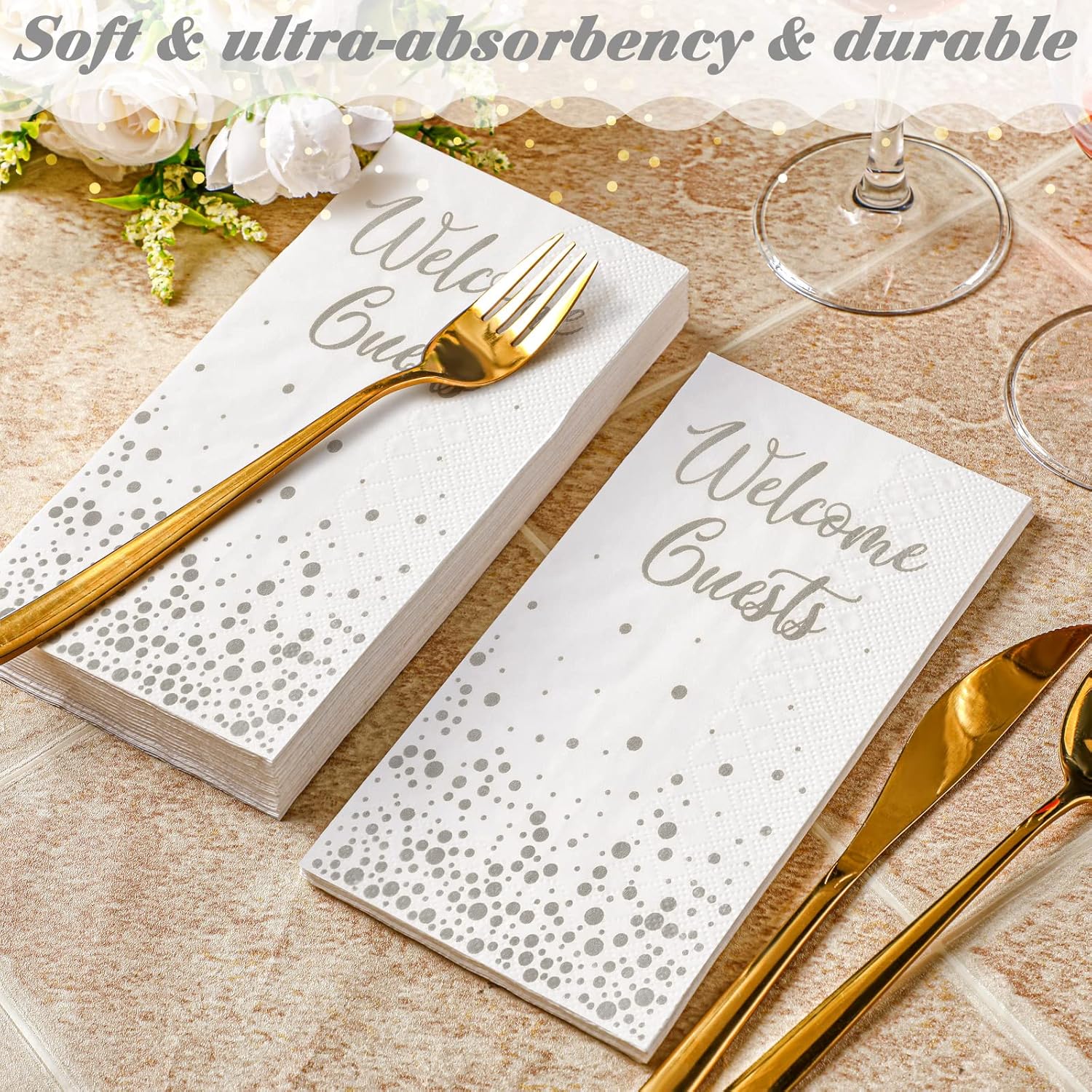 200 Pcs Silver Welcome Guests Napkins for Bathroom and Events