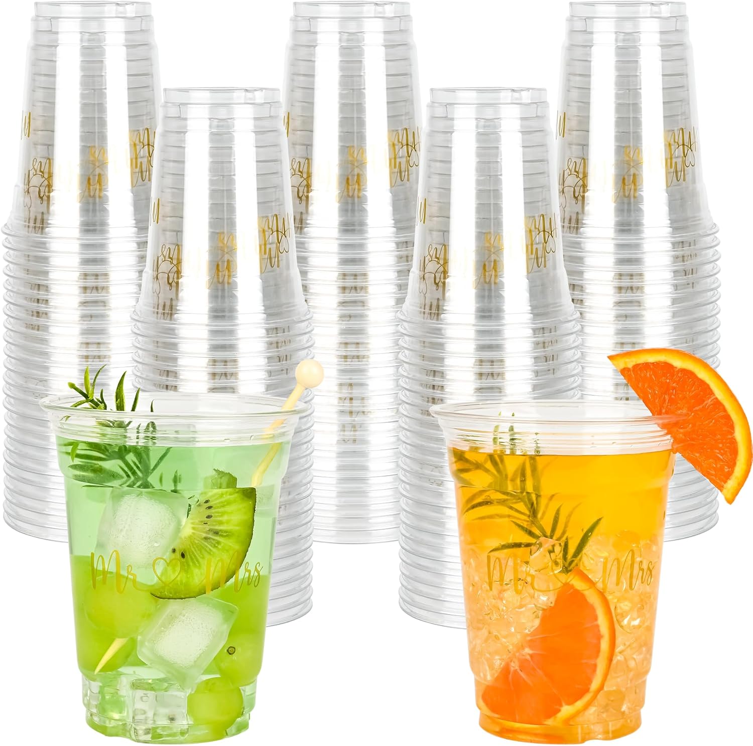 100Pcs Mr and Mrs Disposable Plastic Cups Wedding Reception 12oz Clear Drinkware