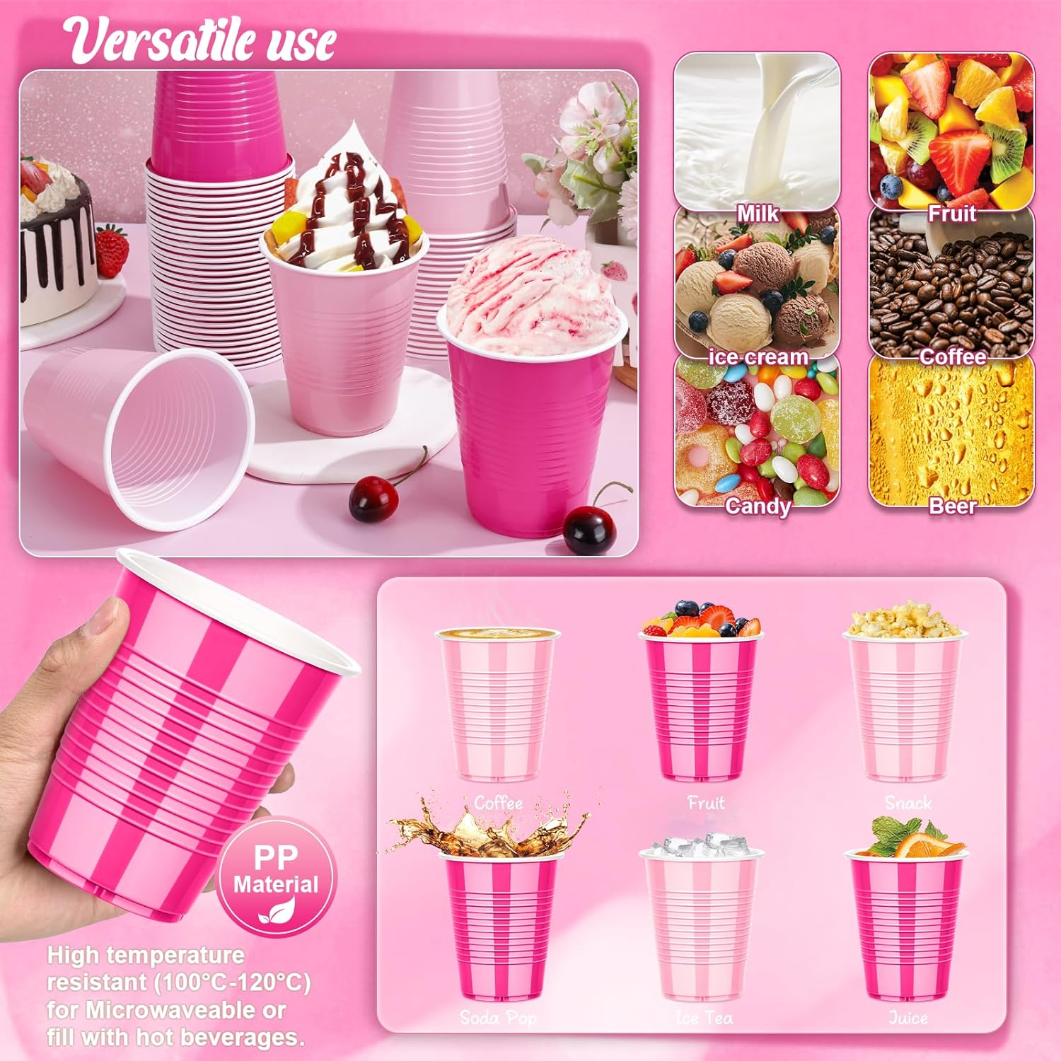 KesaPlan 100PCS 18 oz Plastic Cups Pink Party Disposable
