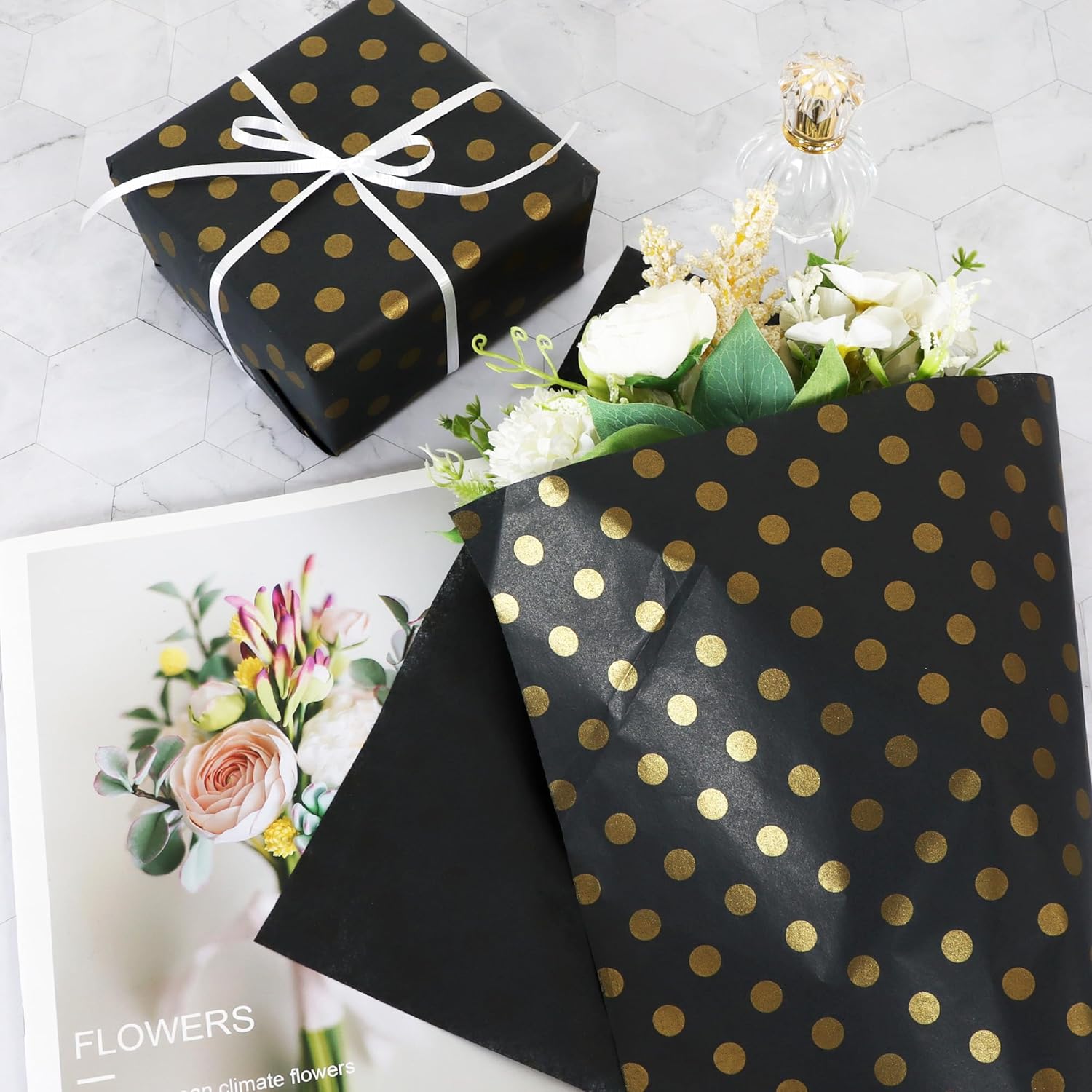 BEISHIDA 100 Sheets Black and Gold Polka Dot Wrapping Tissue Paper