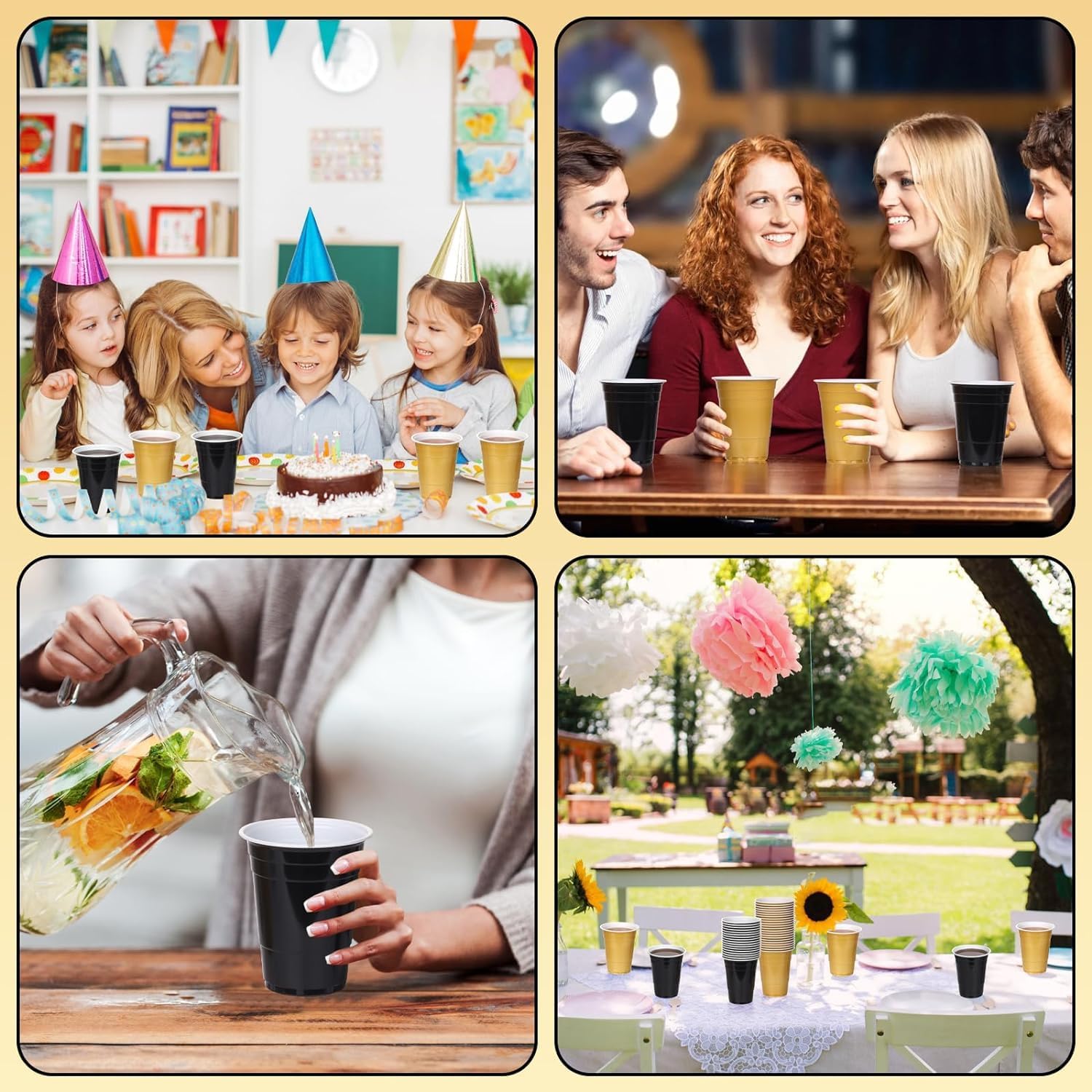 KesaPlan 100PCS 16 oz Plastic Party Cups Black Gold