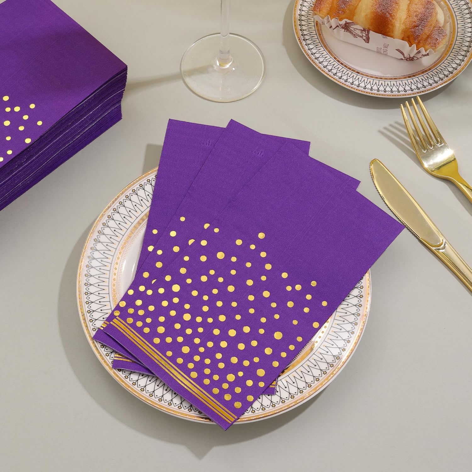100 Pcs Purple Gold Dot Disposable Napkins for Parties
