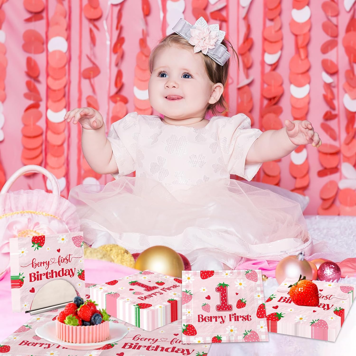 48pcs Strawberry First Birthday Napkins for Girls
