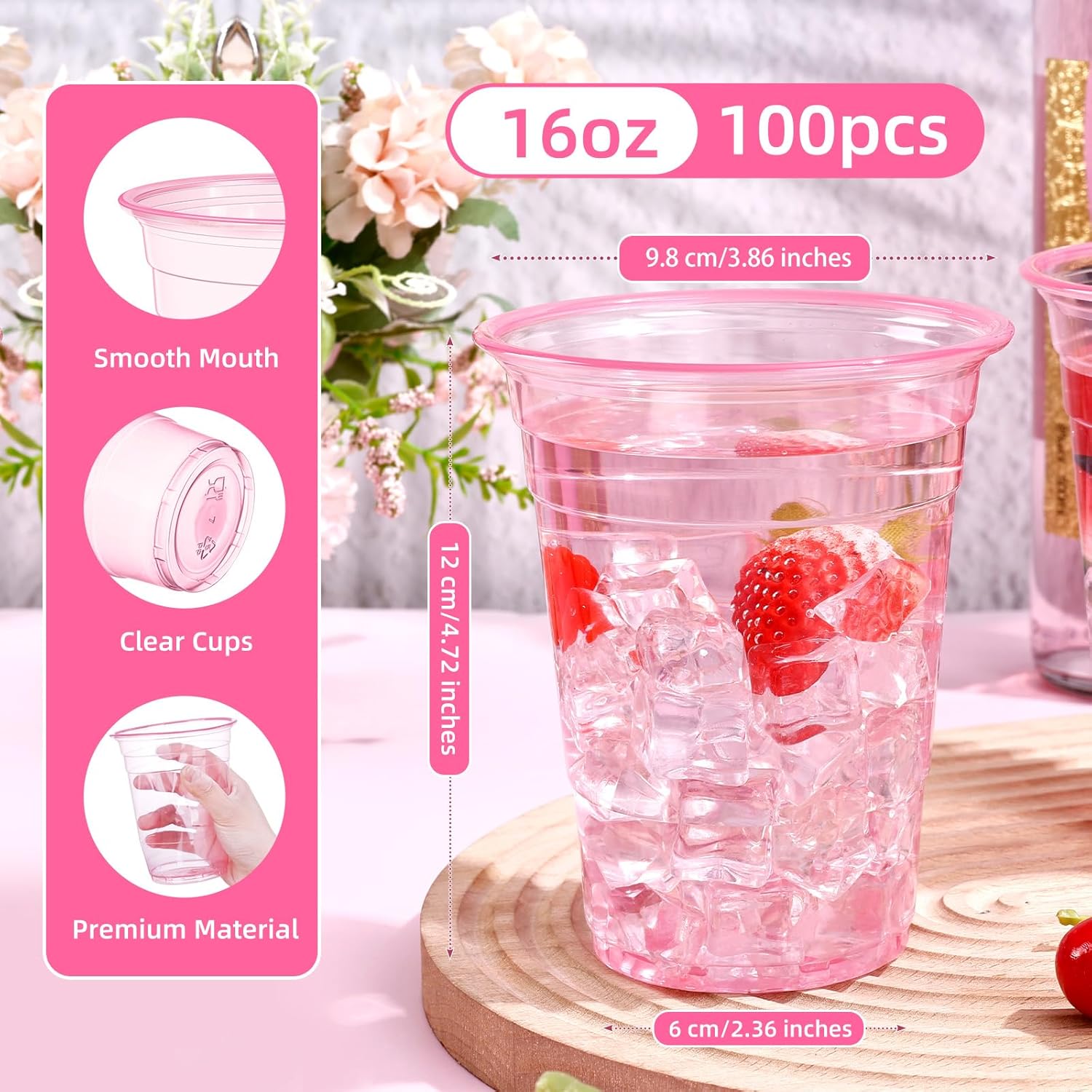 KesaPlan 100 Pack Pink Plastic Party Cups 16 oz